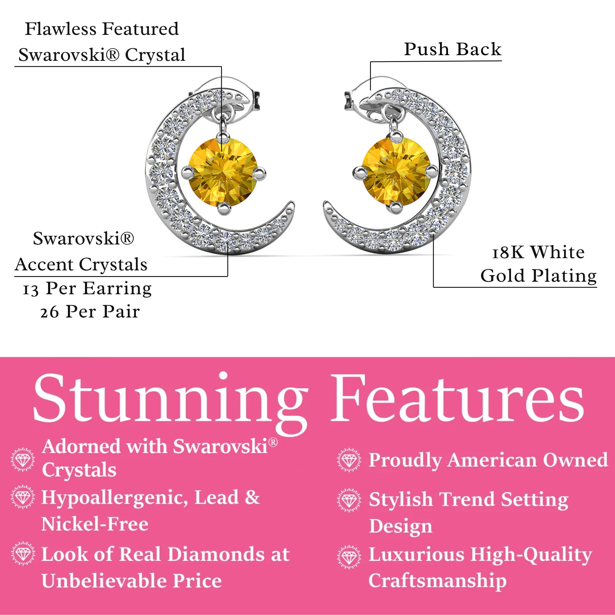 Luna 诞生石耳钉 18k 白金镀圆形切割水晶