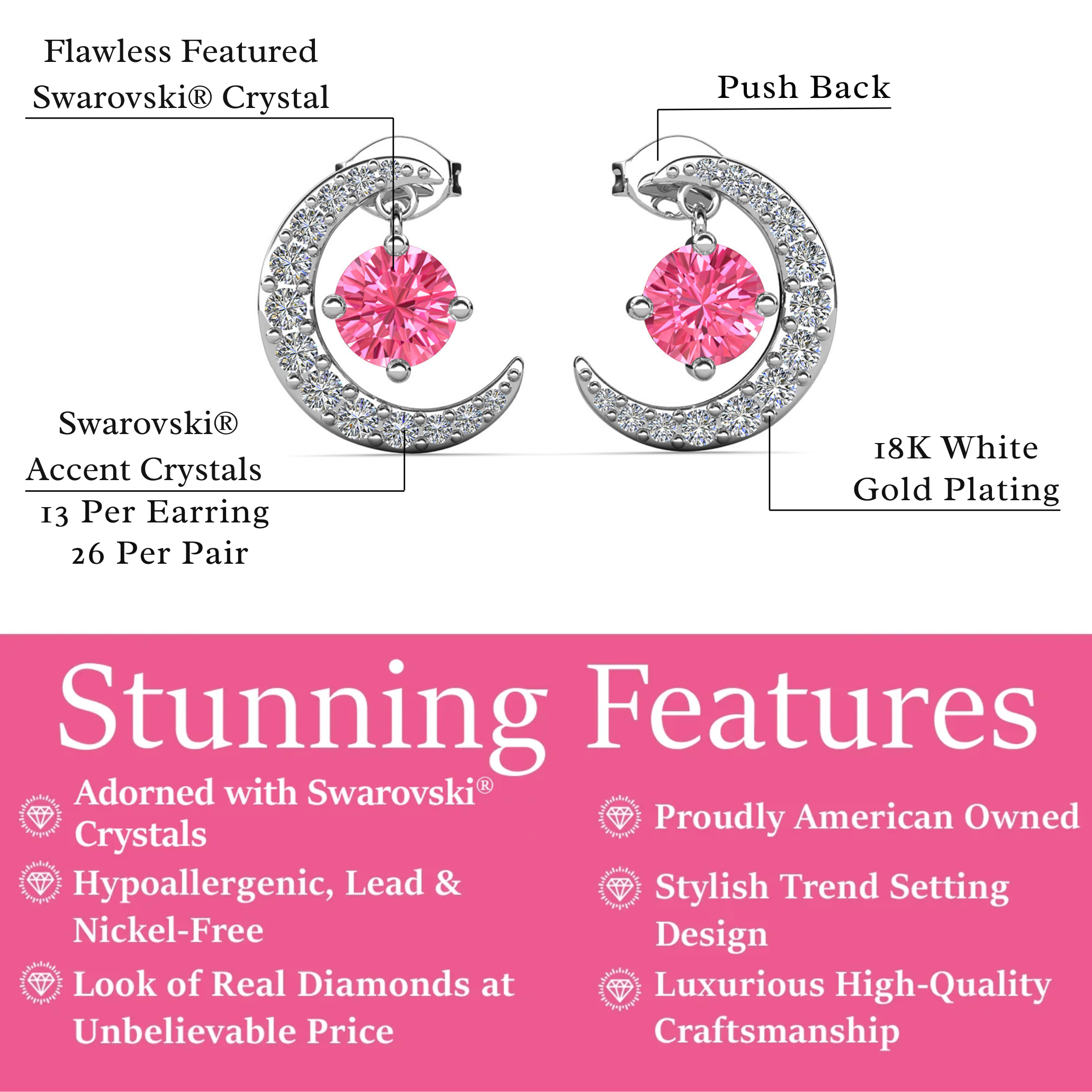 Luna 诞生石耳钉 18k 白金镀圆形切割水晶