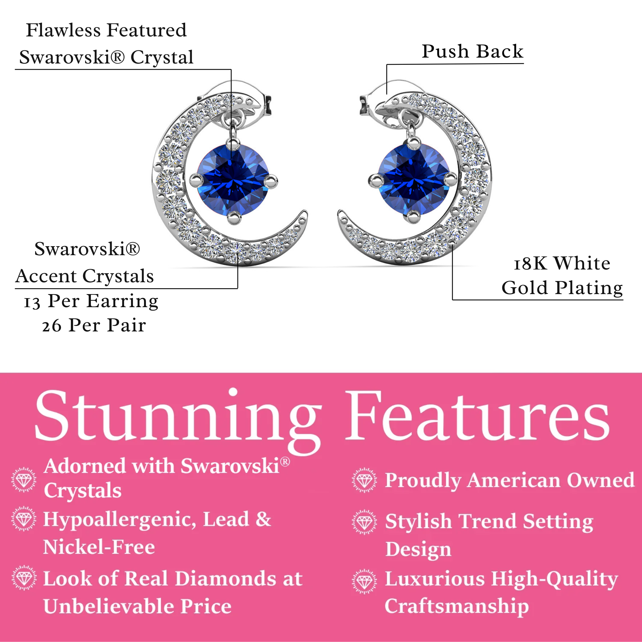 Luna 诞生石耳钉 18k 白金镀圆形切割水晶