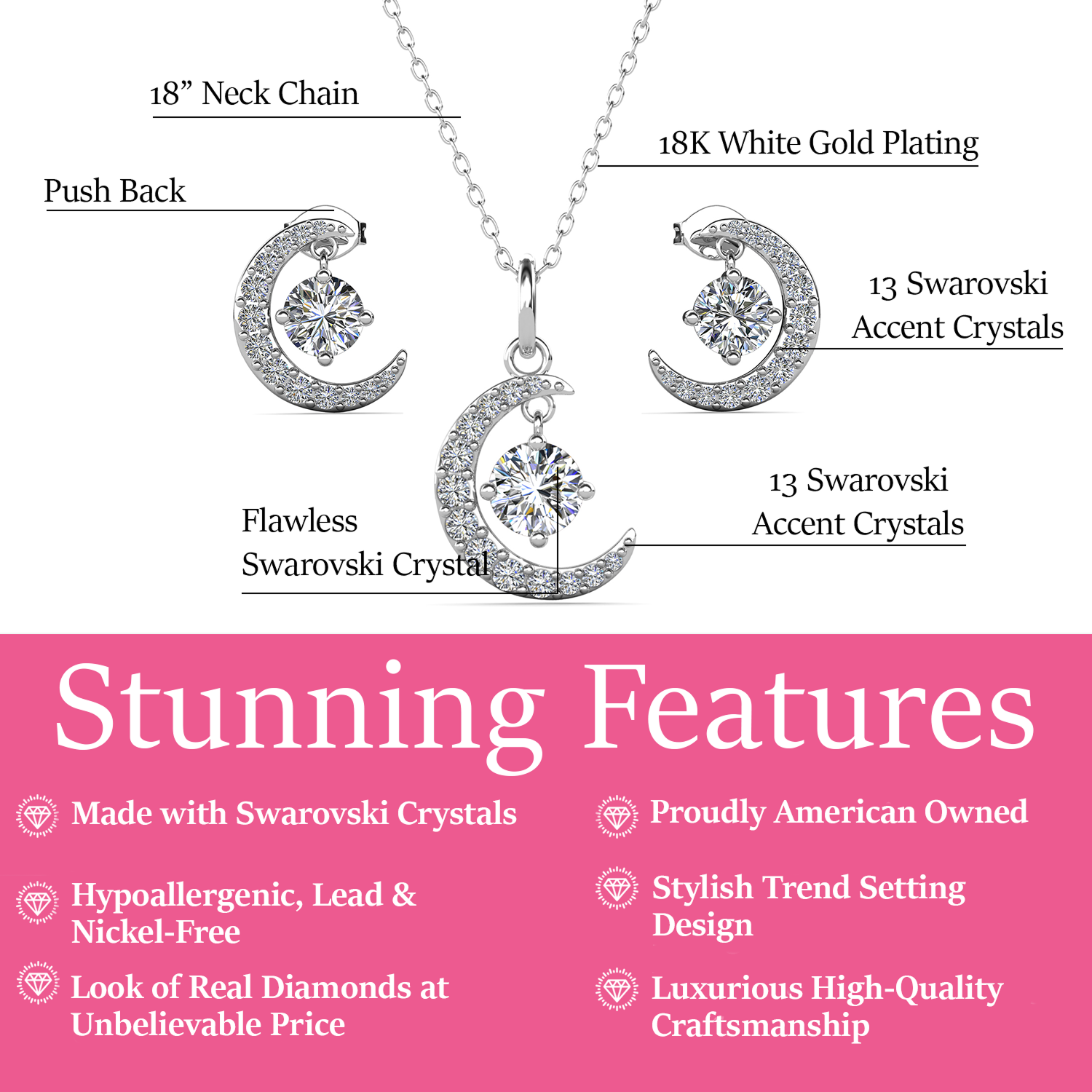 Luna Birthstone 18k White Gold Plated Silver Crescent Earrings and Necklace Set with Swarovski Crystals