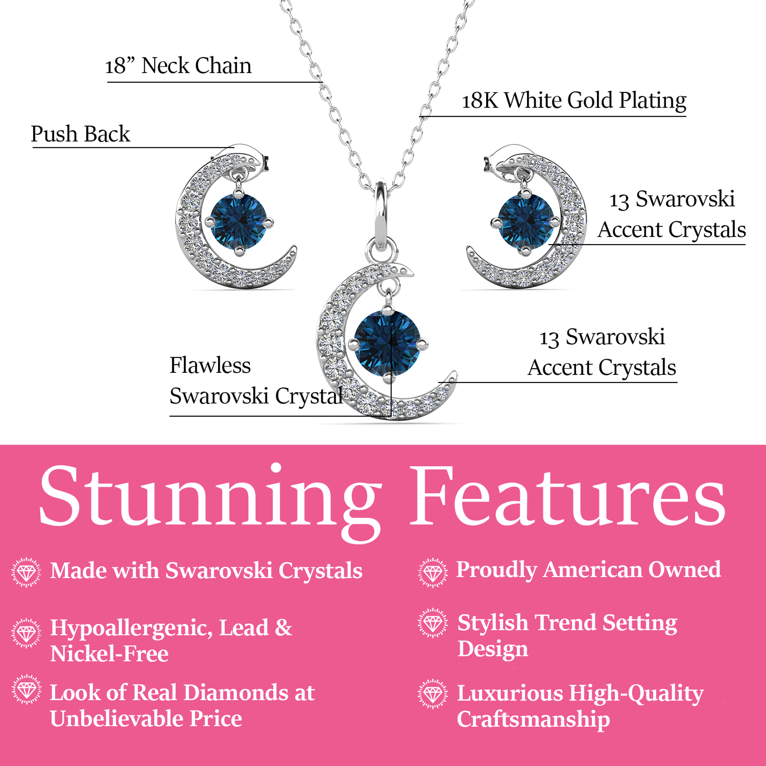 Luna Birthstone 18k White Gold Plated Silver Crescent Earrings and Necklace Set with Swarovski Crystals