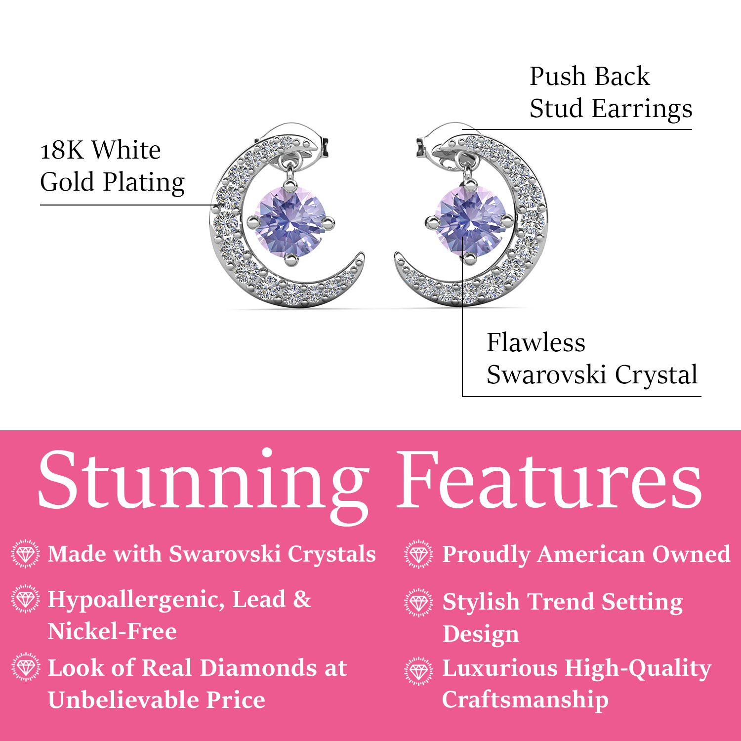 Luna Birthstone Stud Earrings 18k White Gold Plated with Round Cut Swarovski Crystals