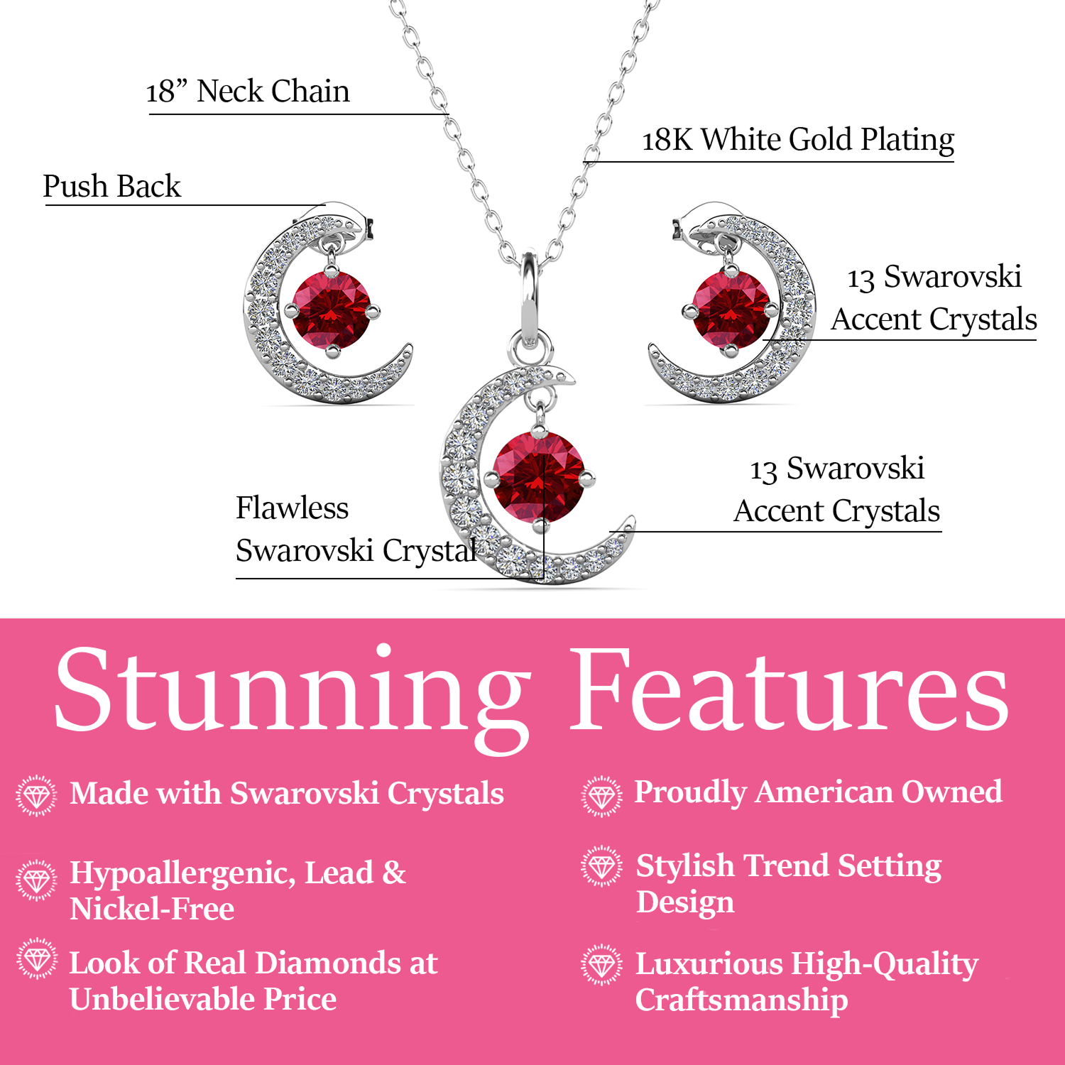 Luna Birthstone 18k White Gold Plated Silver Crescent Earrings and Necklace Set with Swarovski Crystals