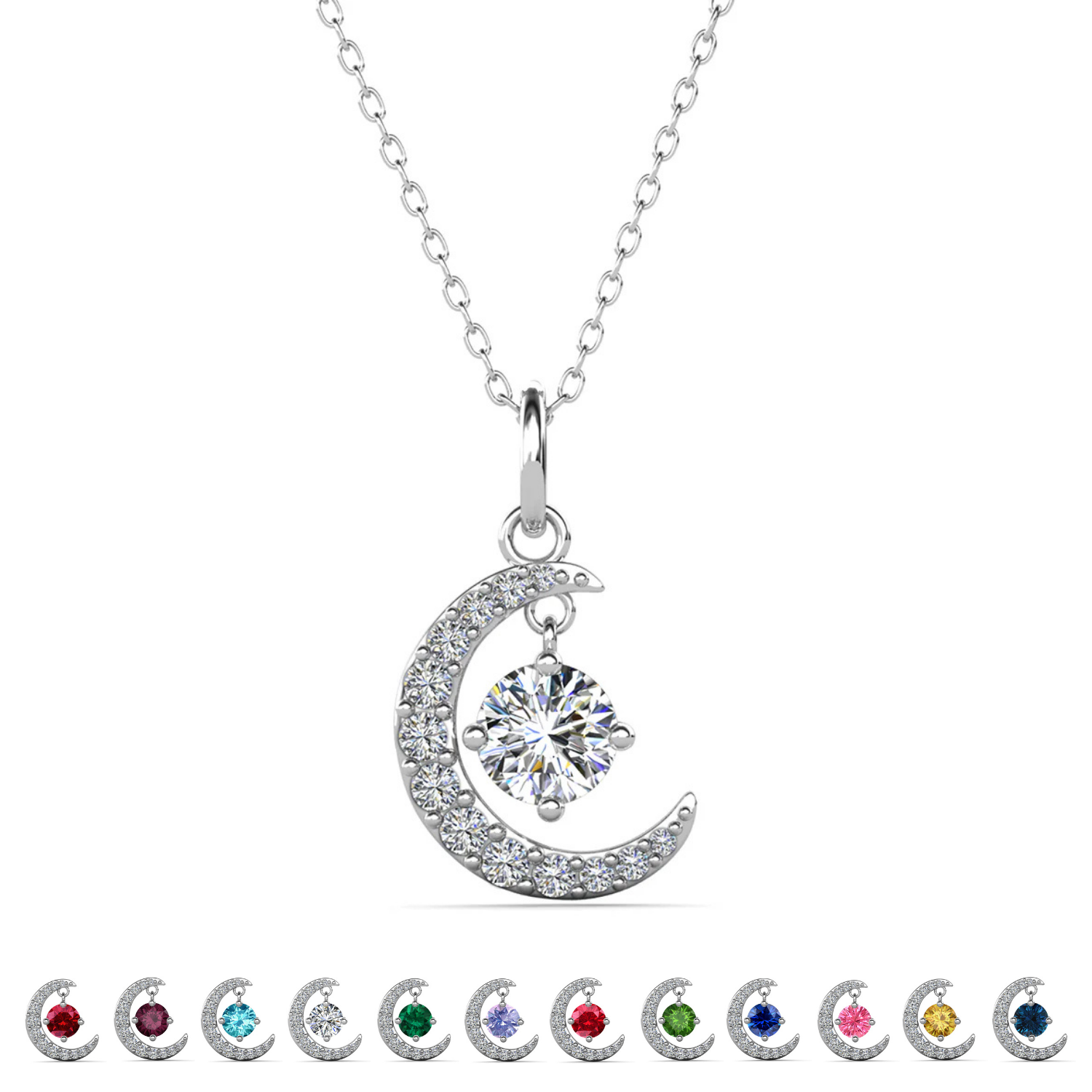 Luna 生日石项链 18k 白金镀圆形切割水晶