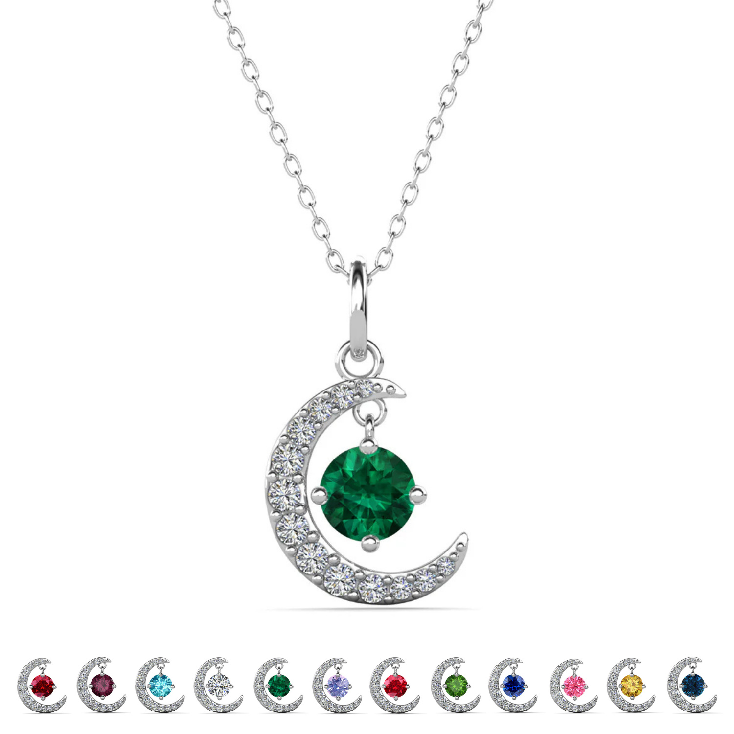 Luna 生日石项链 18k 白金镀圆形切割水晶