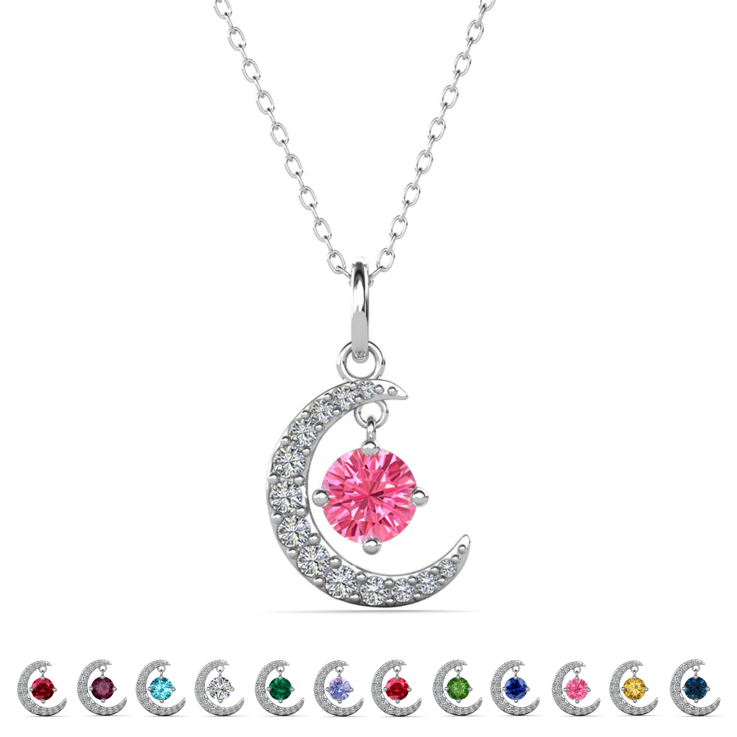 Luna 生日石项链 18k 白金镀圆形切割水晶