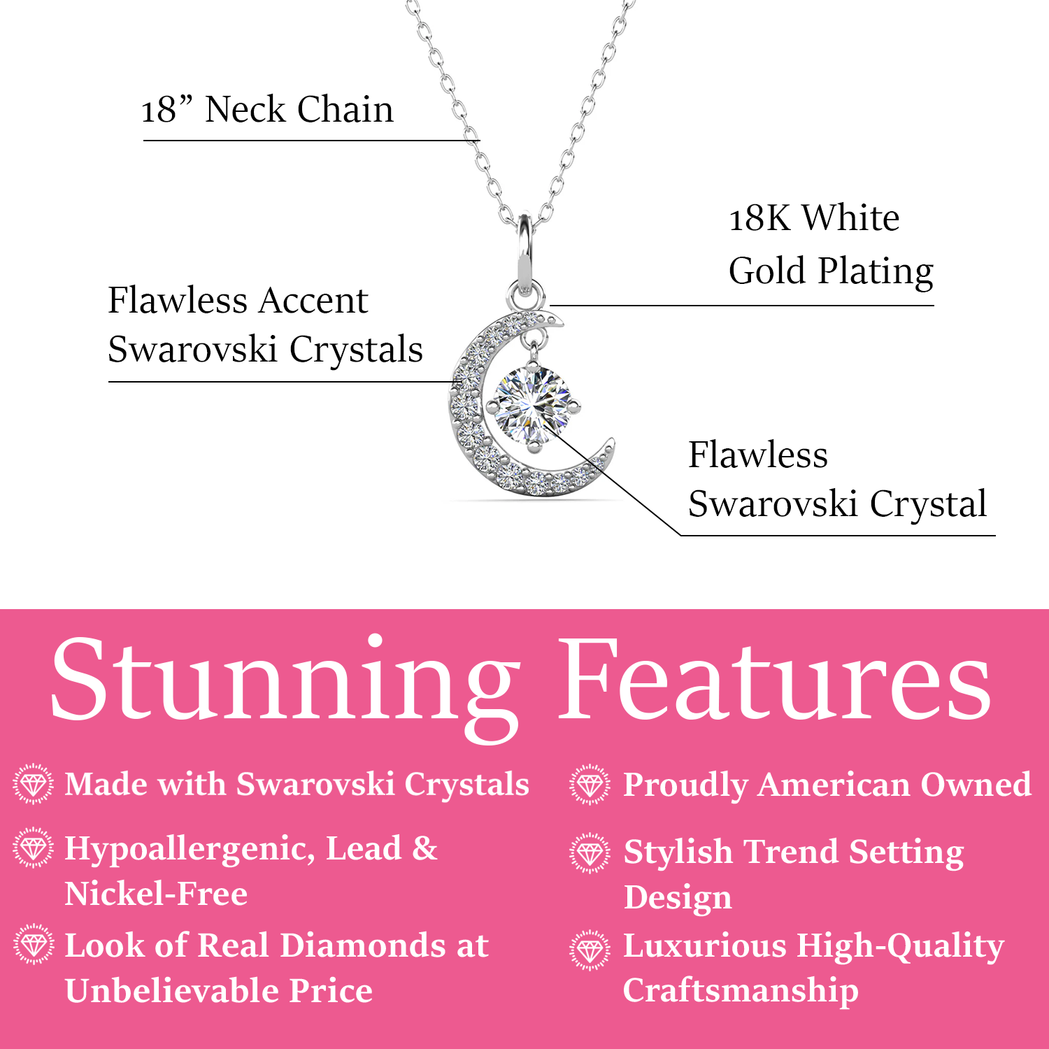 Luna Birthstone Necklace 18k White Gold Plated with Round Cut Swarovski Crystal