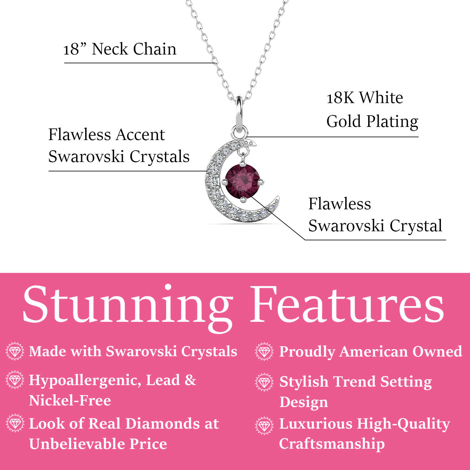 Luna Birthstone Necklace 18k White Gold Plated with Round Cut Swarovski Crystal