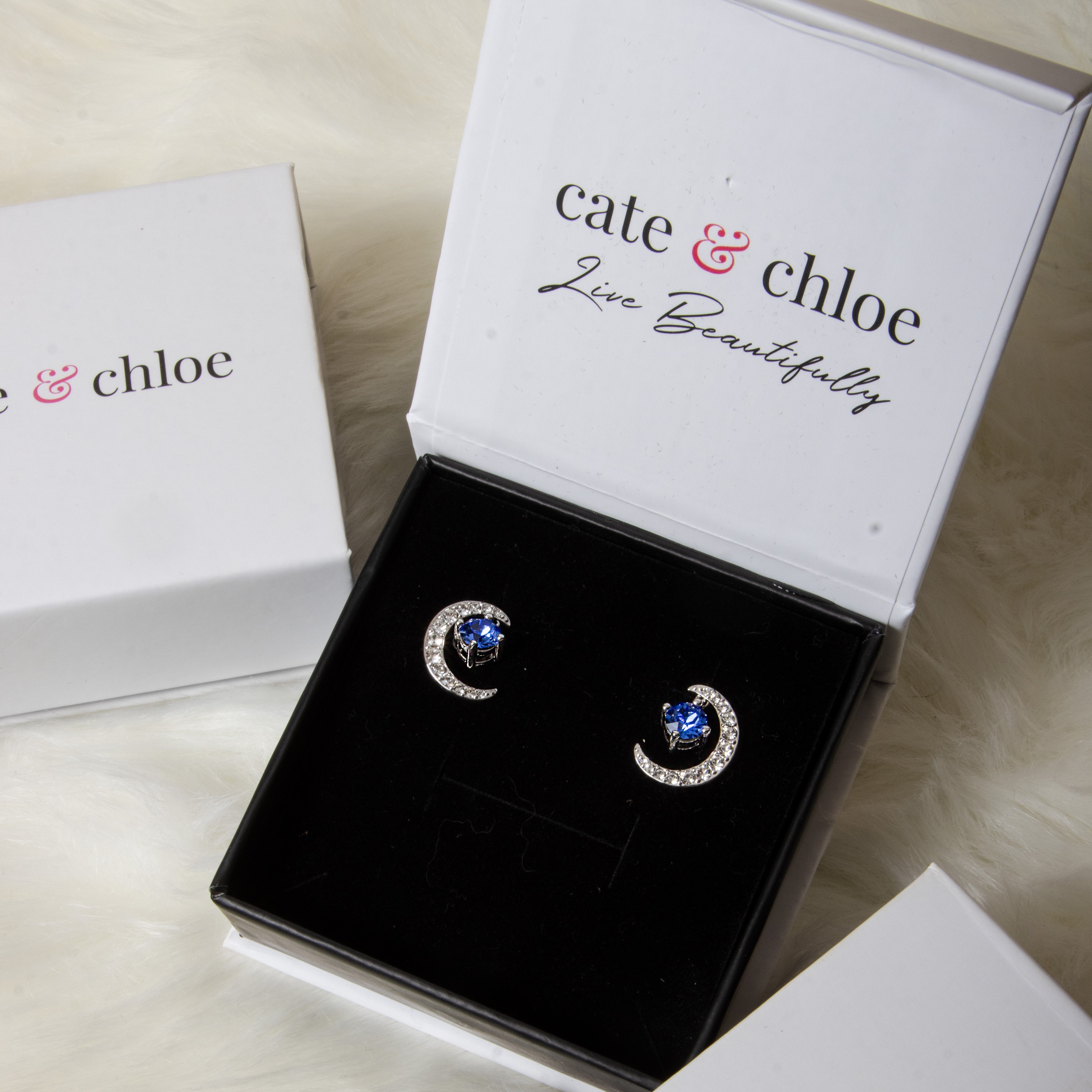 Luna Birthstone 18k White Gold Plated Crescent Stud Earrings with Round Cut Swarovski Crystals