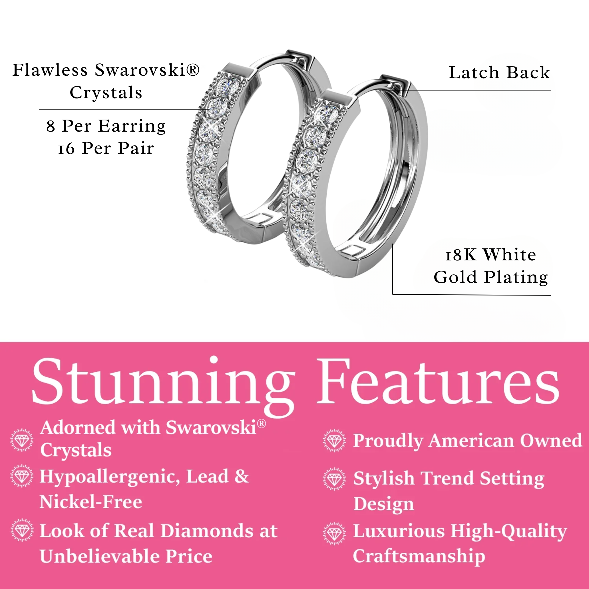 Lydia 18k White Gold Plated 16mm Hoop Earrings with Swarovski Crystals