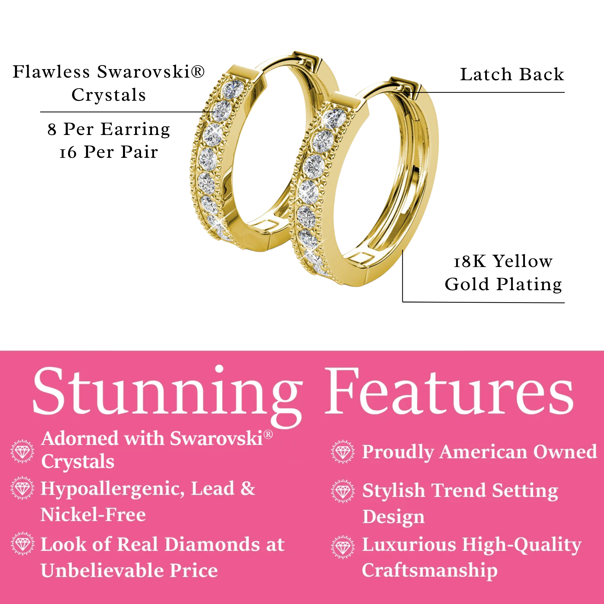 Lydia 18k White Gold Plated 16mm Hoop Earrings with Swarovski Crystals