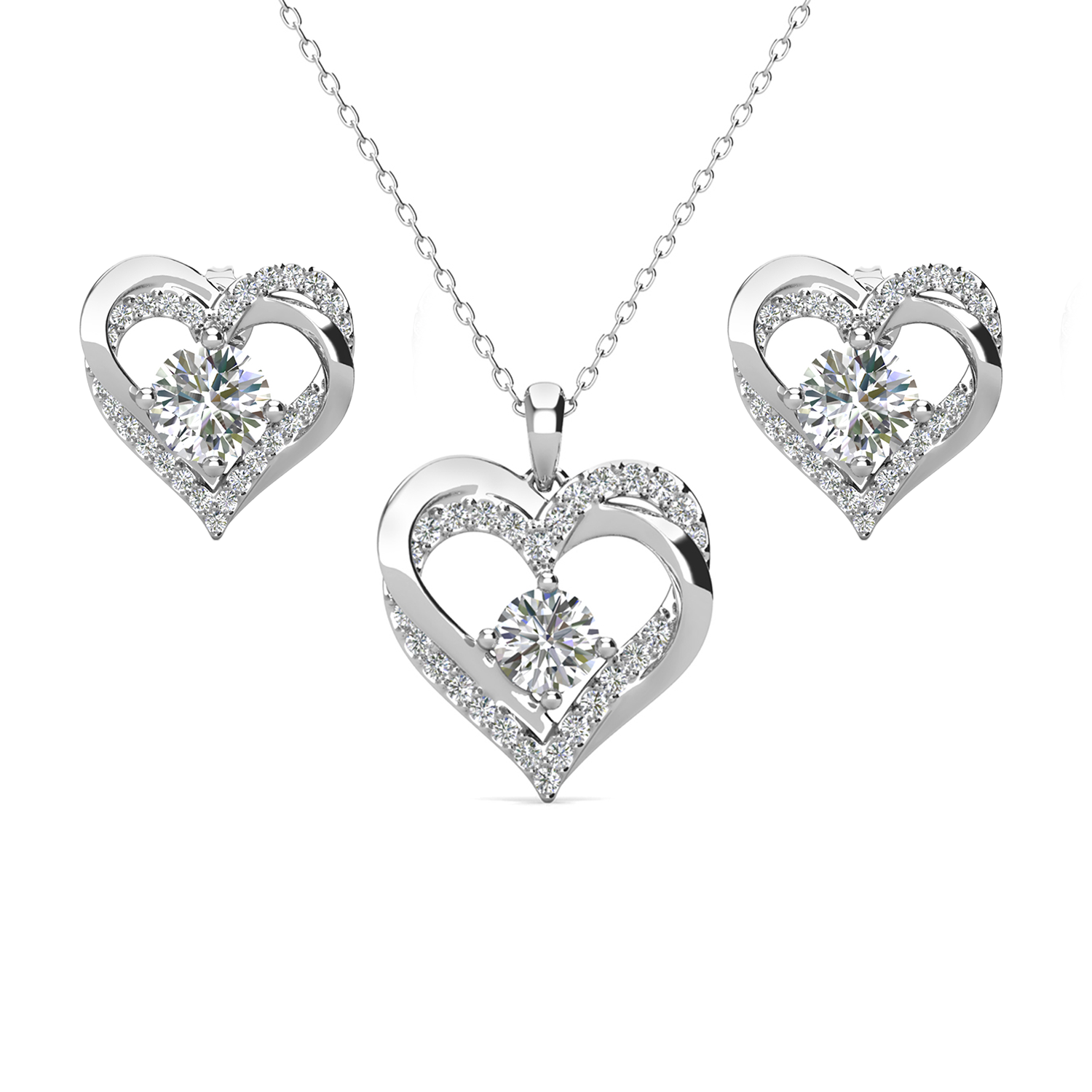 Forever Birthstone 18k White Gold Plated Silver Double Heart Earrings and Necklace Set with Swarovski Crystals