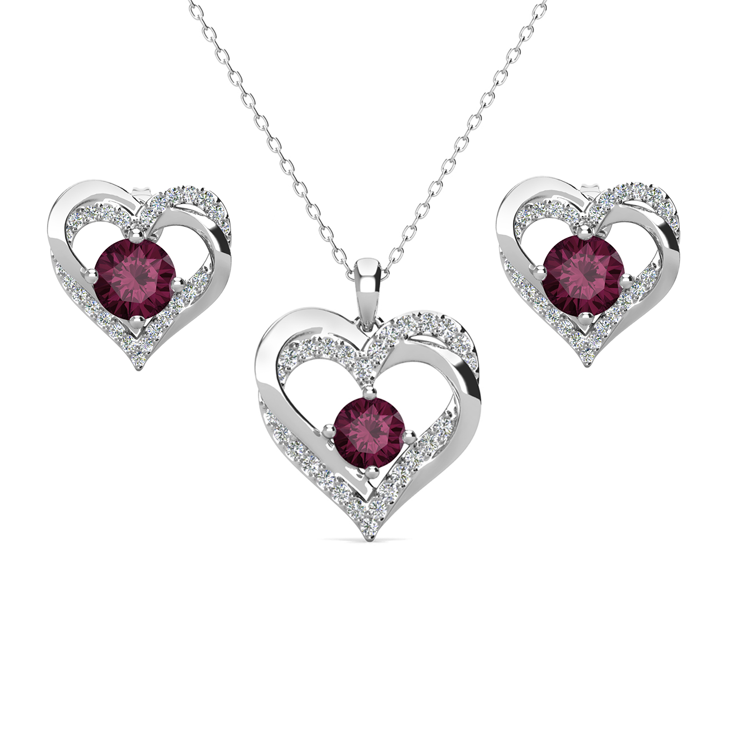 Forever Birthstone 18k White Gold Plated Silver Double Heart Earrings and Necklace Set with Swarovski Crystals