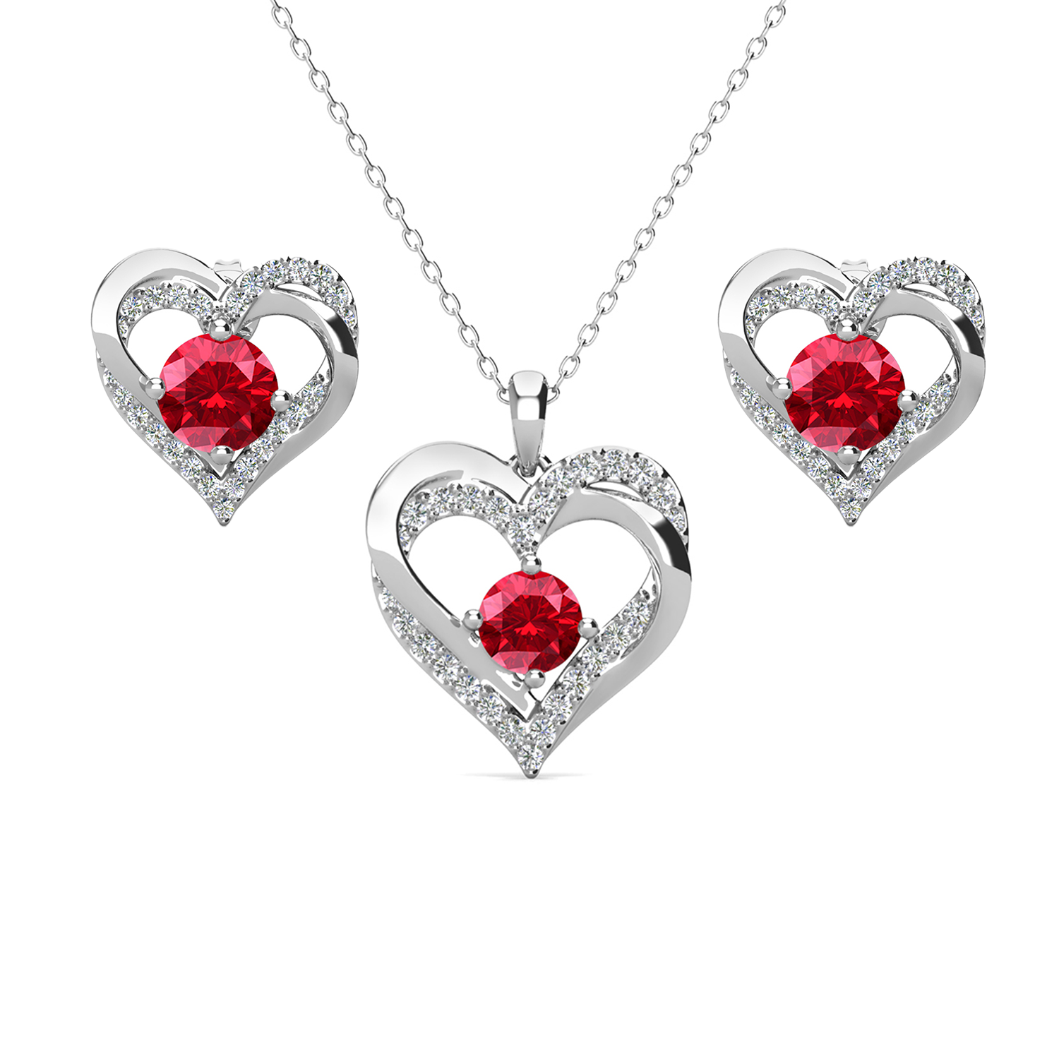 Forever Birthstone 18k White Gold Plated Silver Double Heart Earrings and Necklace Set with Swarovski Crystals