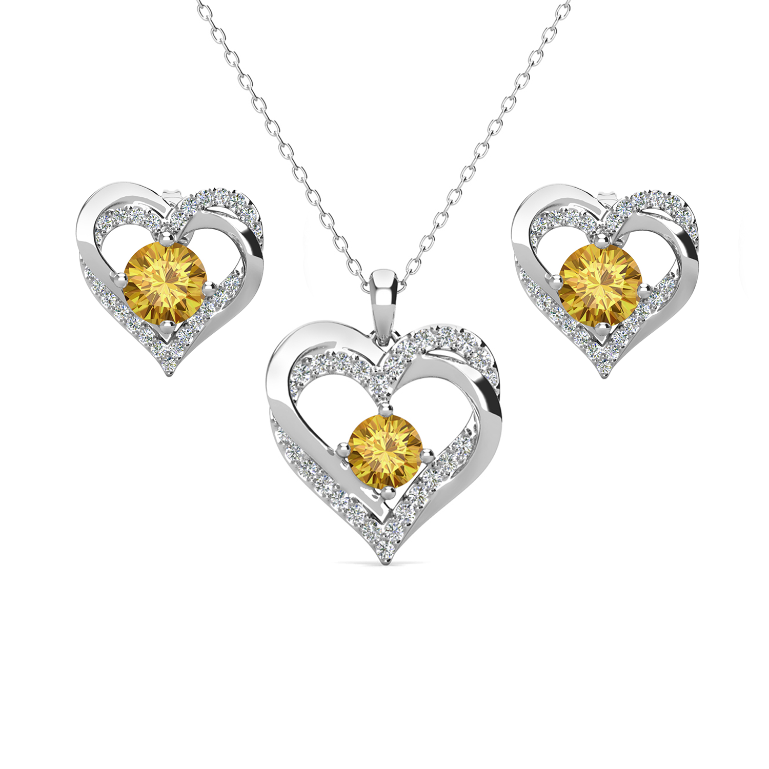 Forever Birthstone 18k White Gold Plated Silver Double Heart Earrings and Necklace Set with Swarovski Crystals