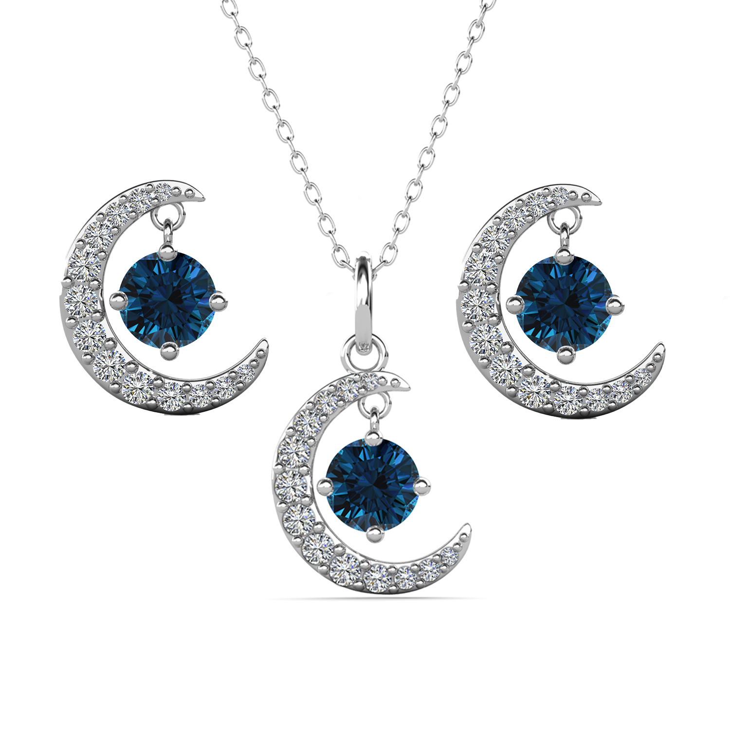 Luna Birthstone 18k White Gold Plated Silver Crescent Earrings and Necklace Set with Swarovski Crystals