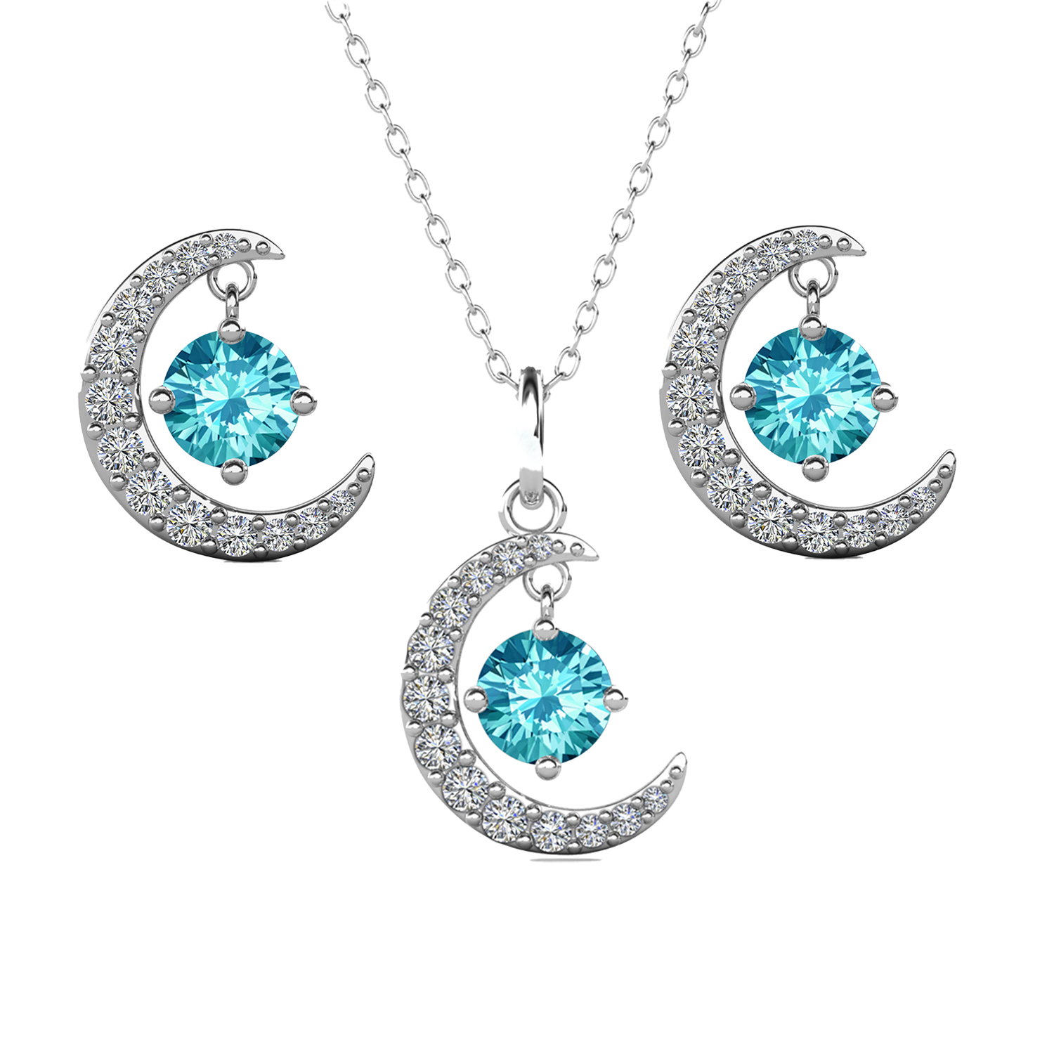 Luna Birthstone 18k White Gold Plated Silver Crescent Earrings and Necklace Set with Swarovski Crystals