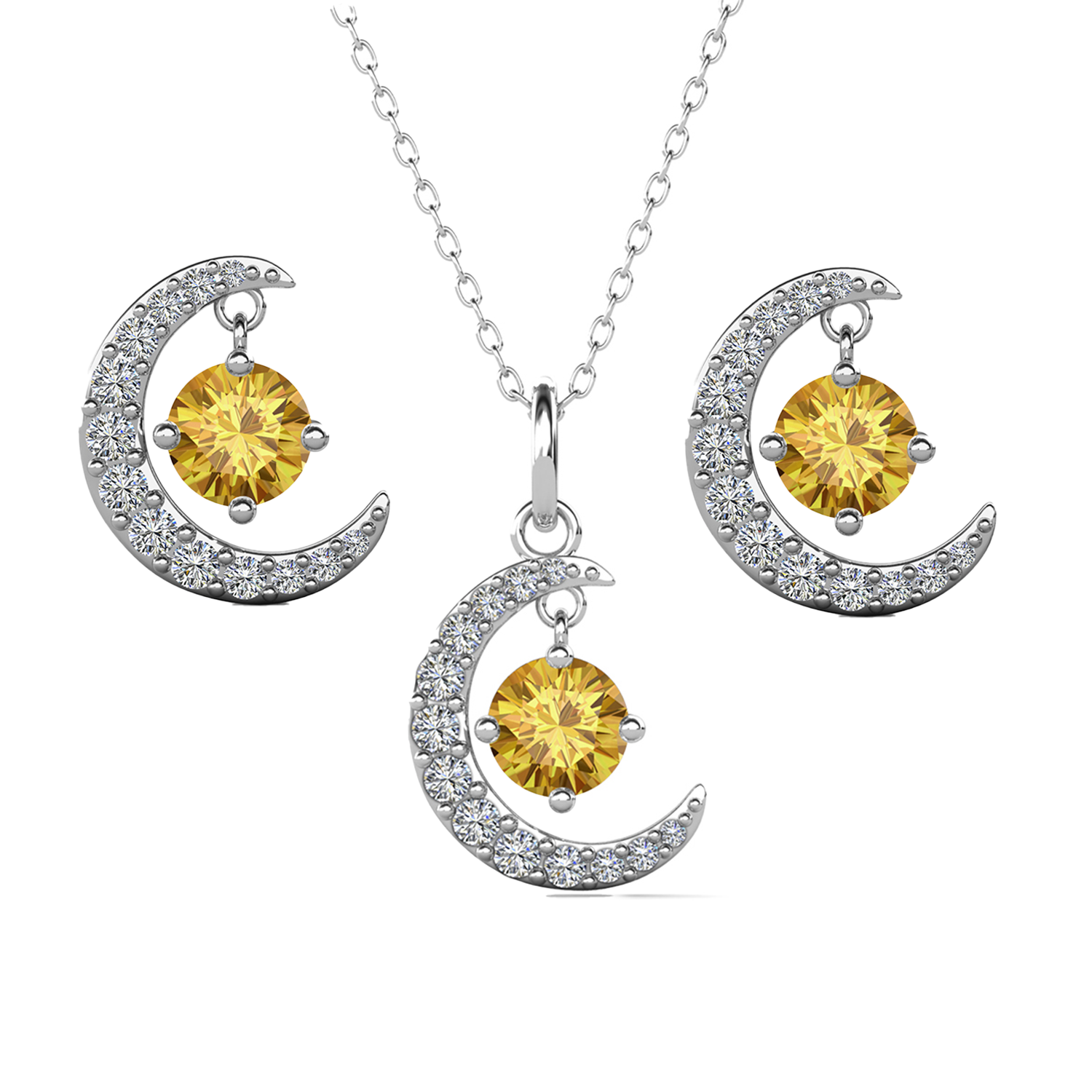 Luna Birthstone 18k White Gold Plated Silver Crescent Earrings and Necklace Set with Swarovski Crystals