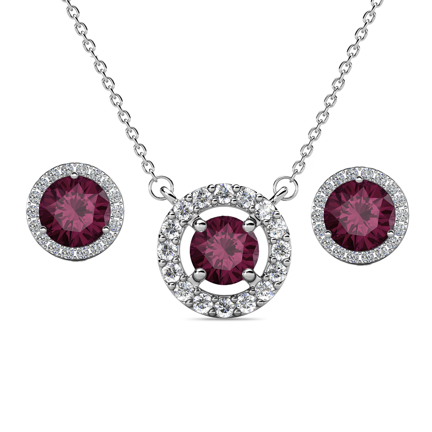 Royal 18k White Gold Plated Birthstone Halo Earrings and Necklace Set with Swarovski Crystals