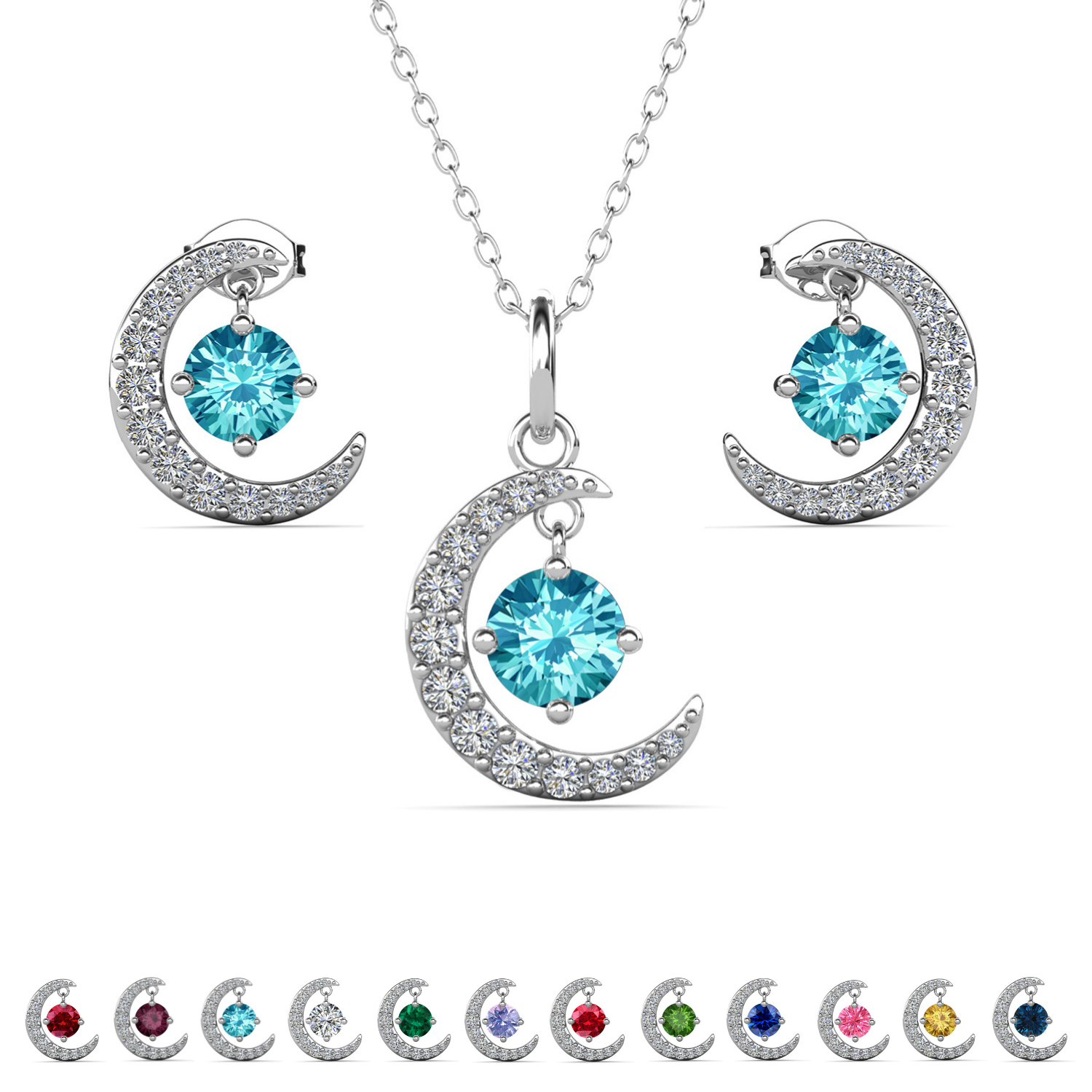 Luna Birthstone 18k White Gold Plated Silver Crescent Earrings and Necklace Set with Swarovski Crystals