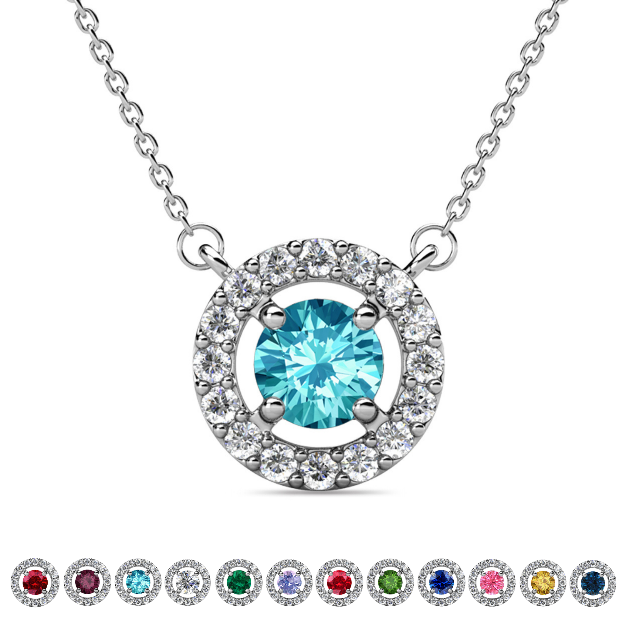 Royal Birthstone 18k White Gold Plated Halo Necklace with Round Cut Swarovski Crystals