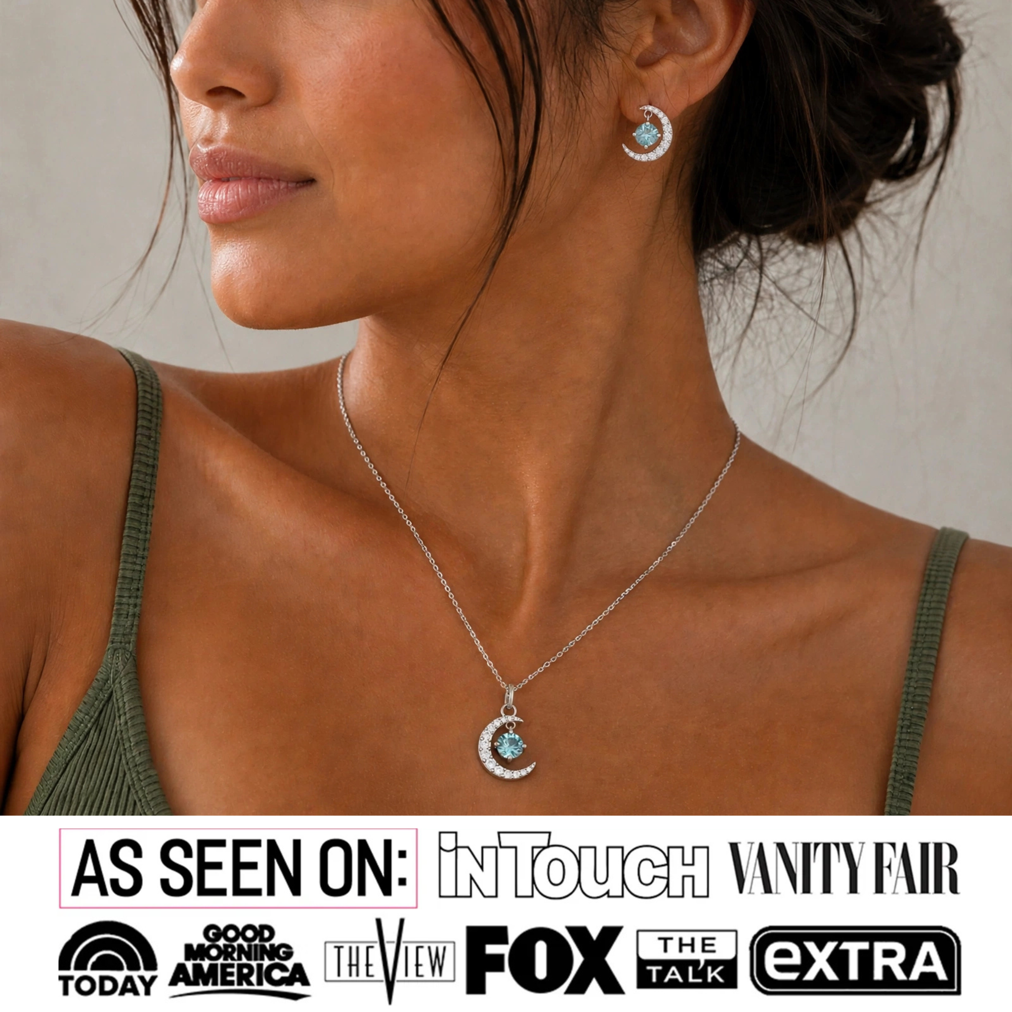 Luna Birthstone 18k White Gold Plated Silver Crescent Earrings and Necklace Set with Swarovski Crystals