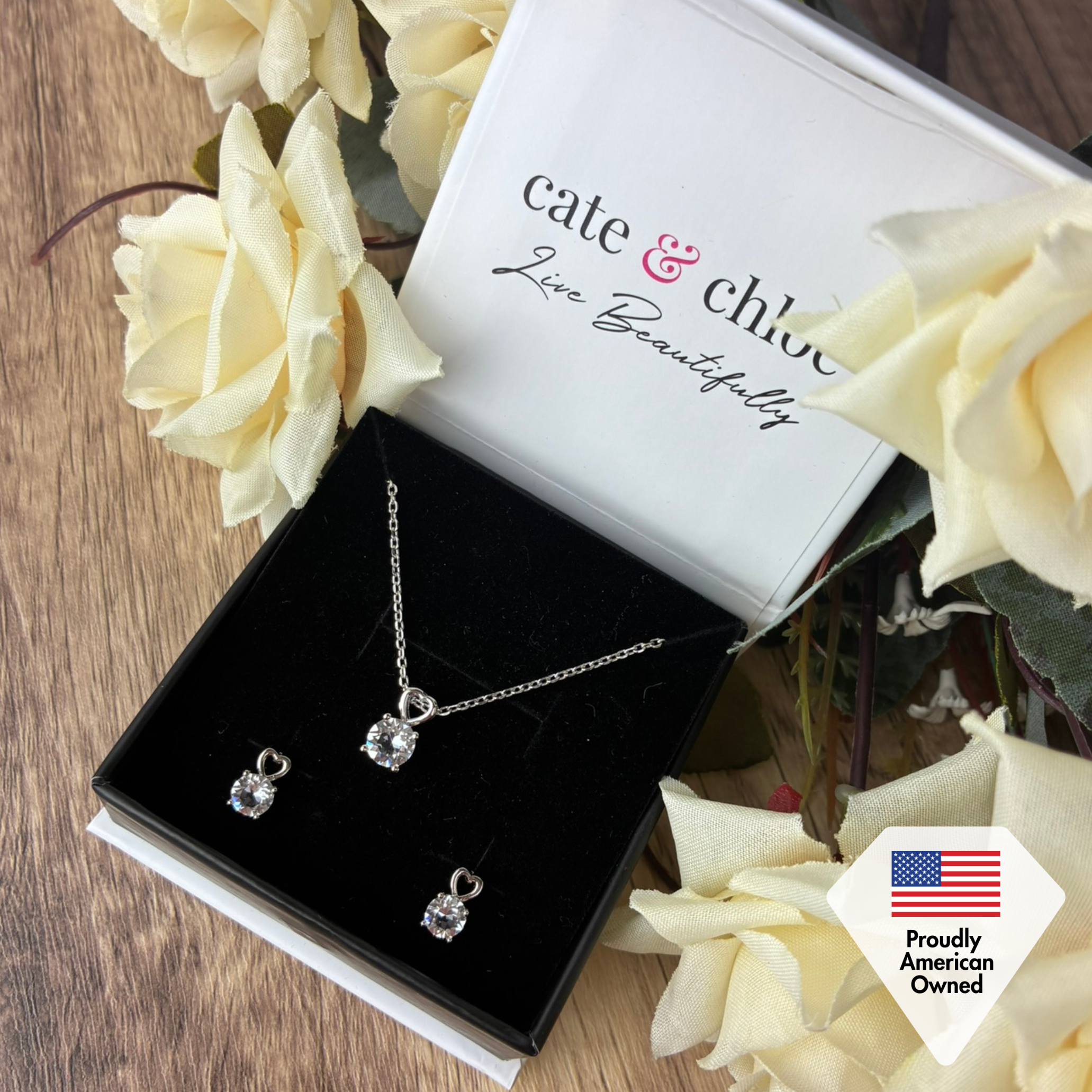 Marian 18k White Gold Necklace and Stud Earrings Jewelry Set with Swarovski Crystal