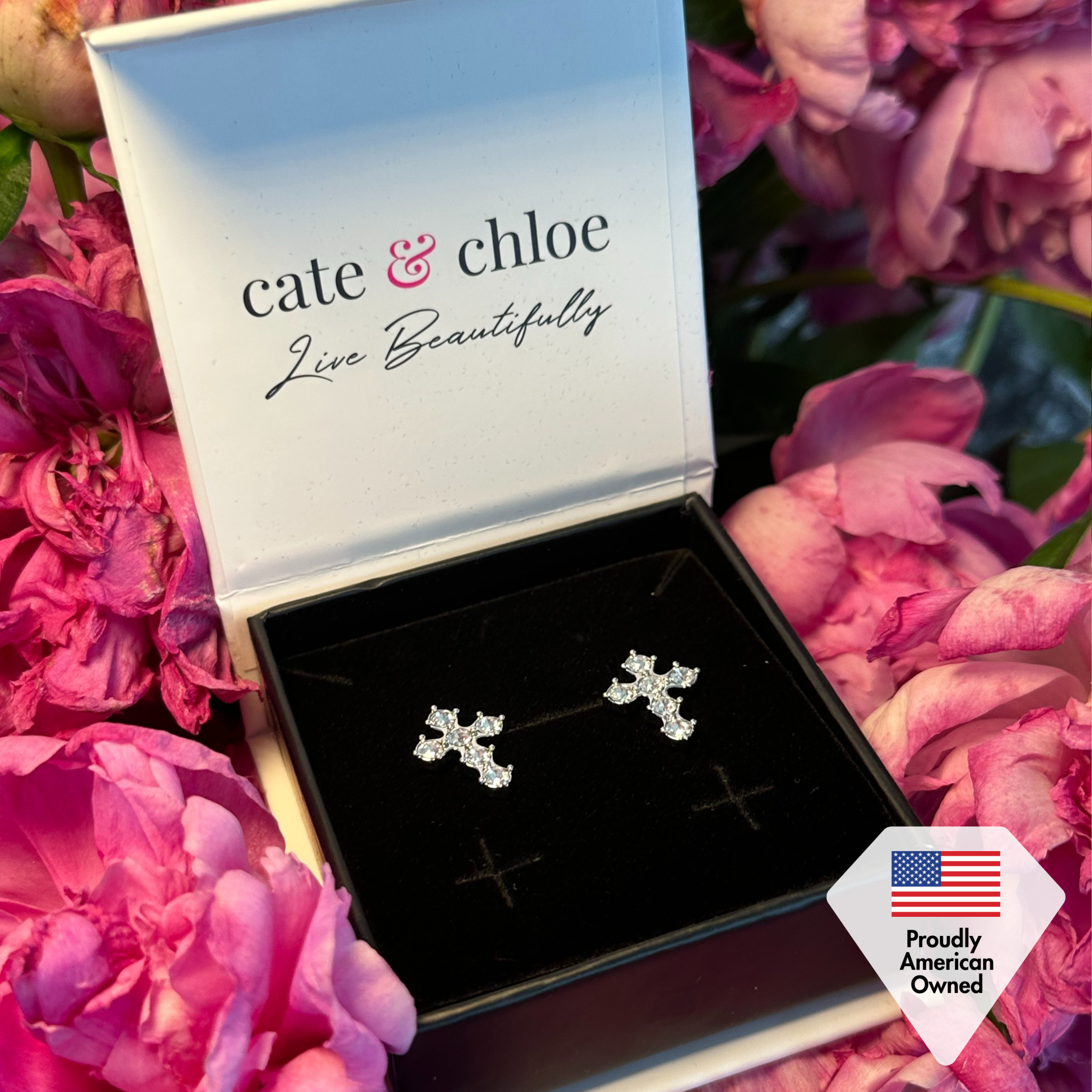 Marissa 18k White Gold Plated Cross Stud Earrings with Swarovski Crystals