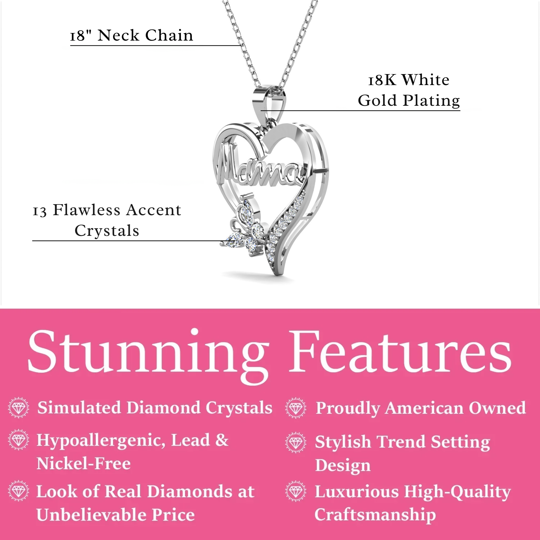 Mavis 18k White Gold Plated Mama Necklace with Swarovski Crystals & Heartfelt Message for Mom