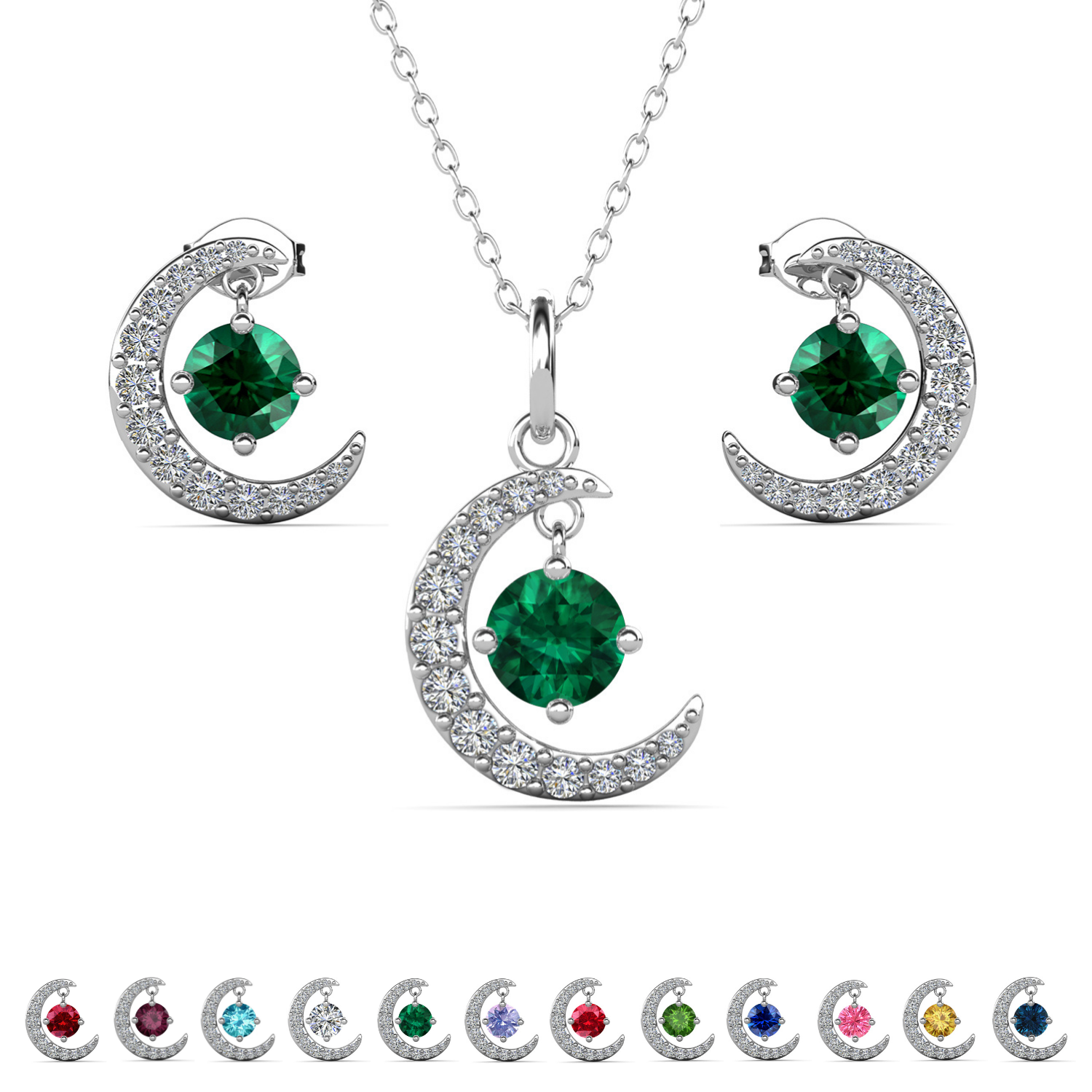 Luna Birthstone 18k White Gold Plated Silver Crescent Earrings and Necklace Set with Swarovski Crystals