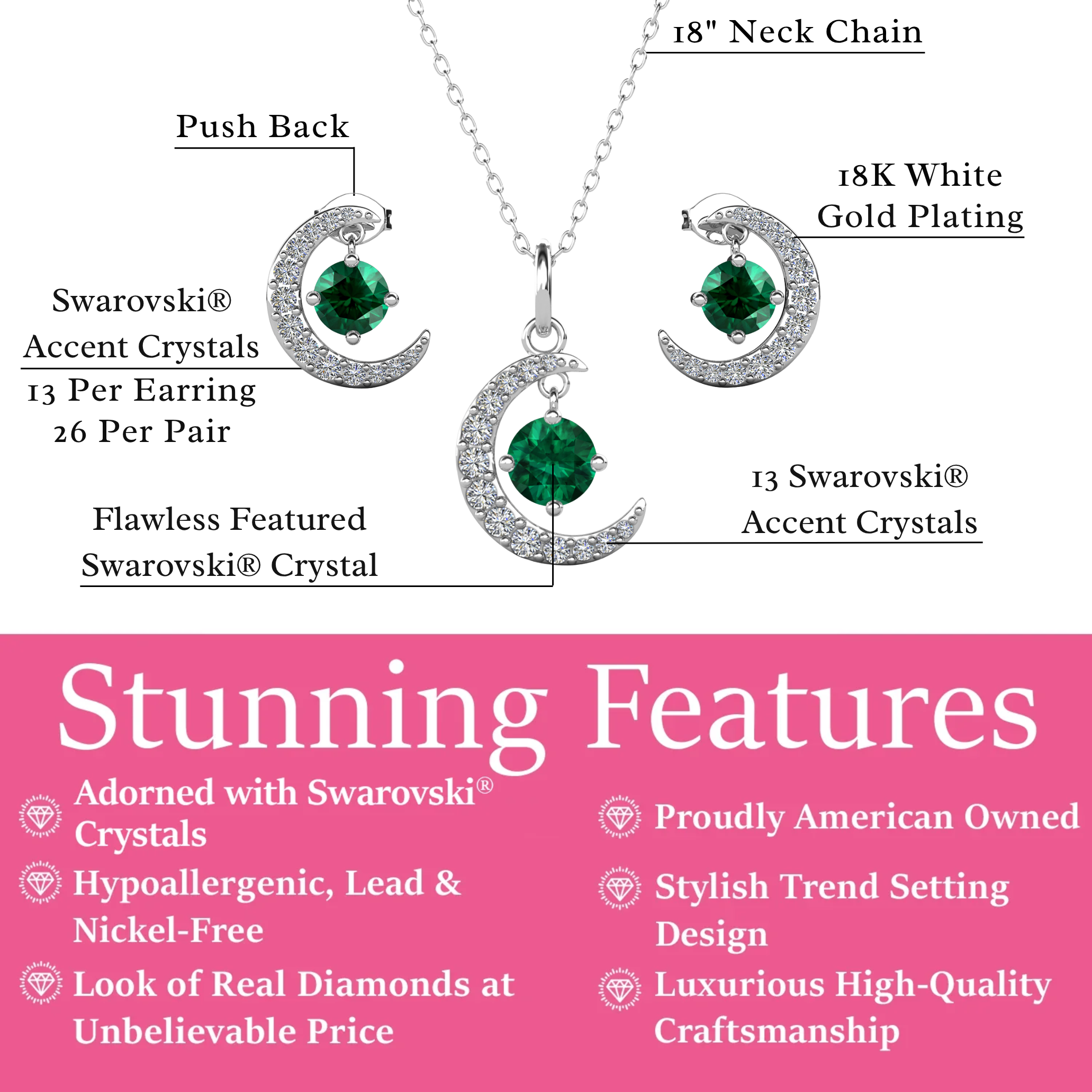 Luna Birthstone 18k White Gold Plated Silver Crescent Earrings and Necklace Set with Swarovski Crystals