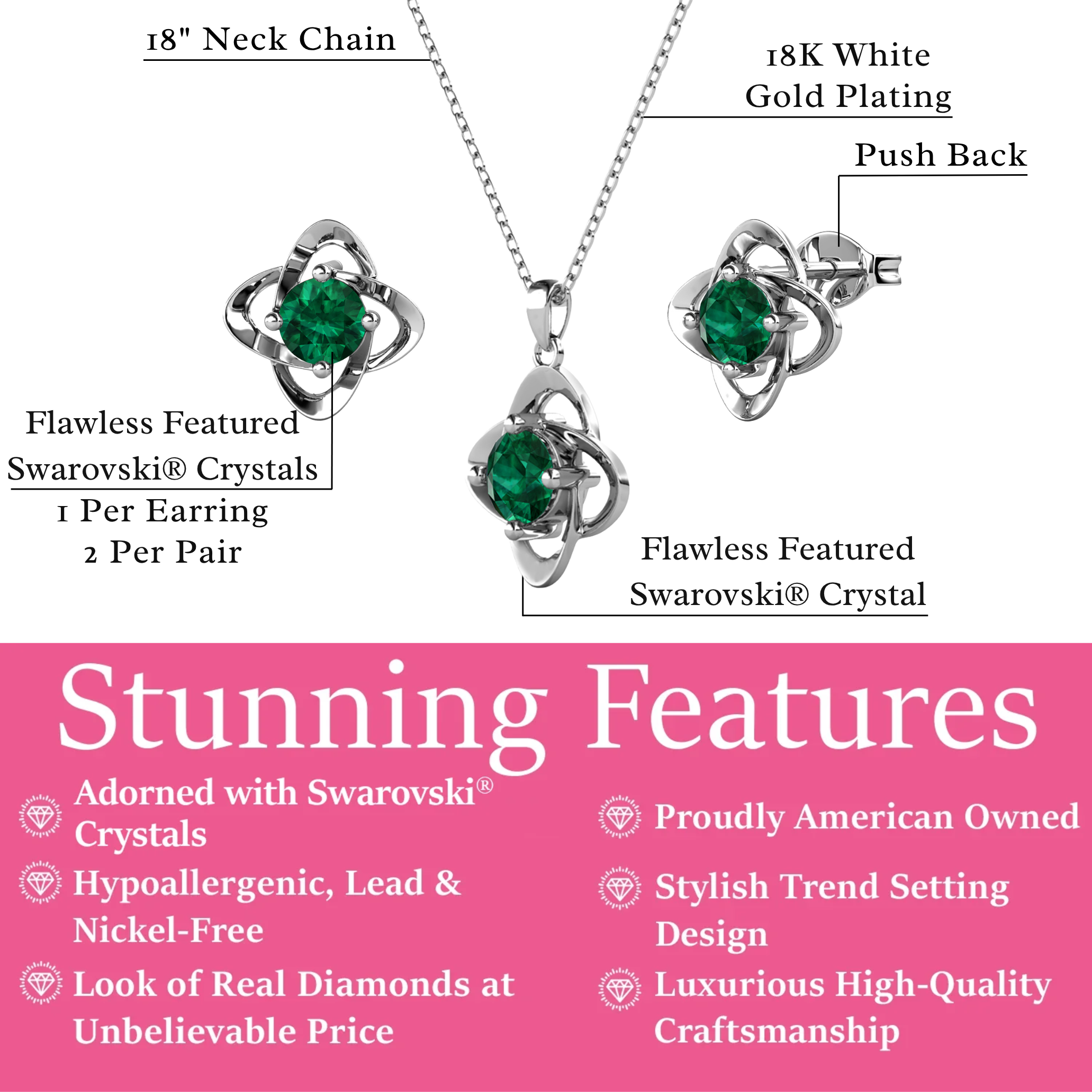 Infinity Birthstone 18k White Gold Plated Stud Earrings and Necklace Set with Swarovski Crystals