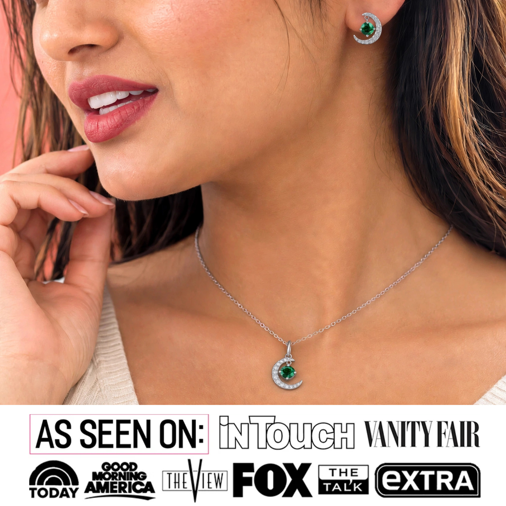 Luna Birthstone 18k White Gold Plated Silver Crescent Earrings and Necklace Set with Swarovski Crystals