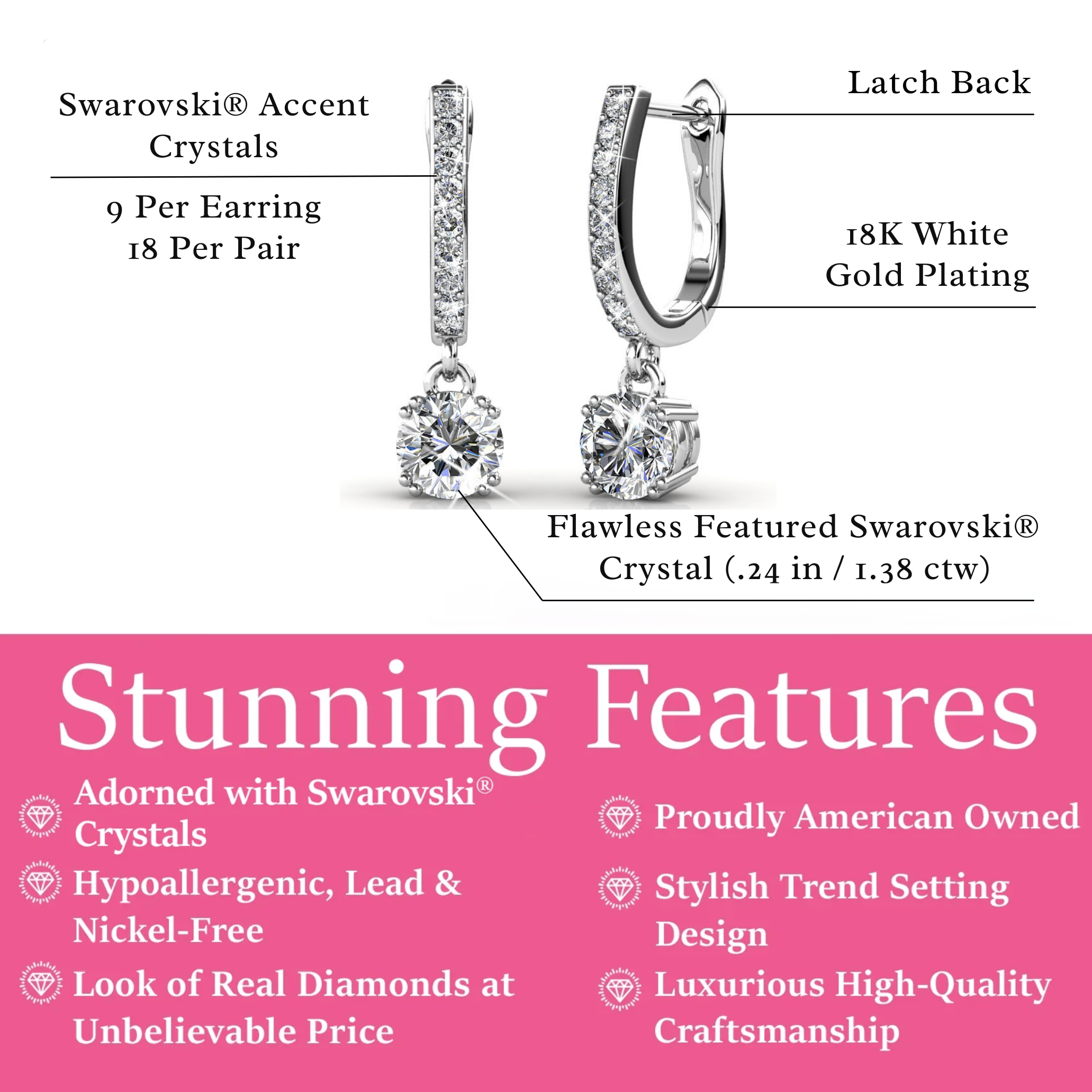 McKenzie 18k White Gold Plated Drop Dangle Earrings with Swarovski Crystals