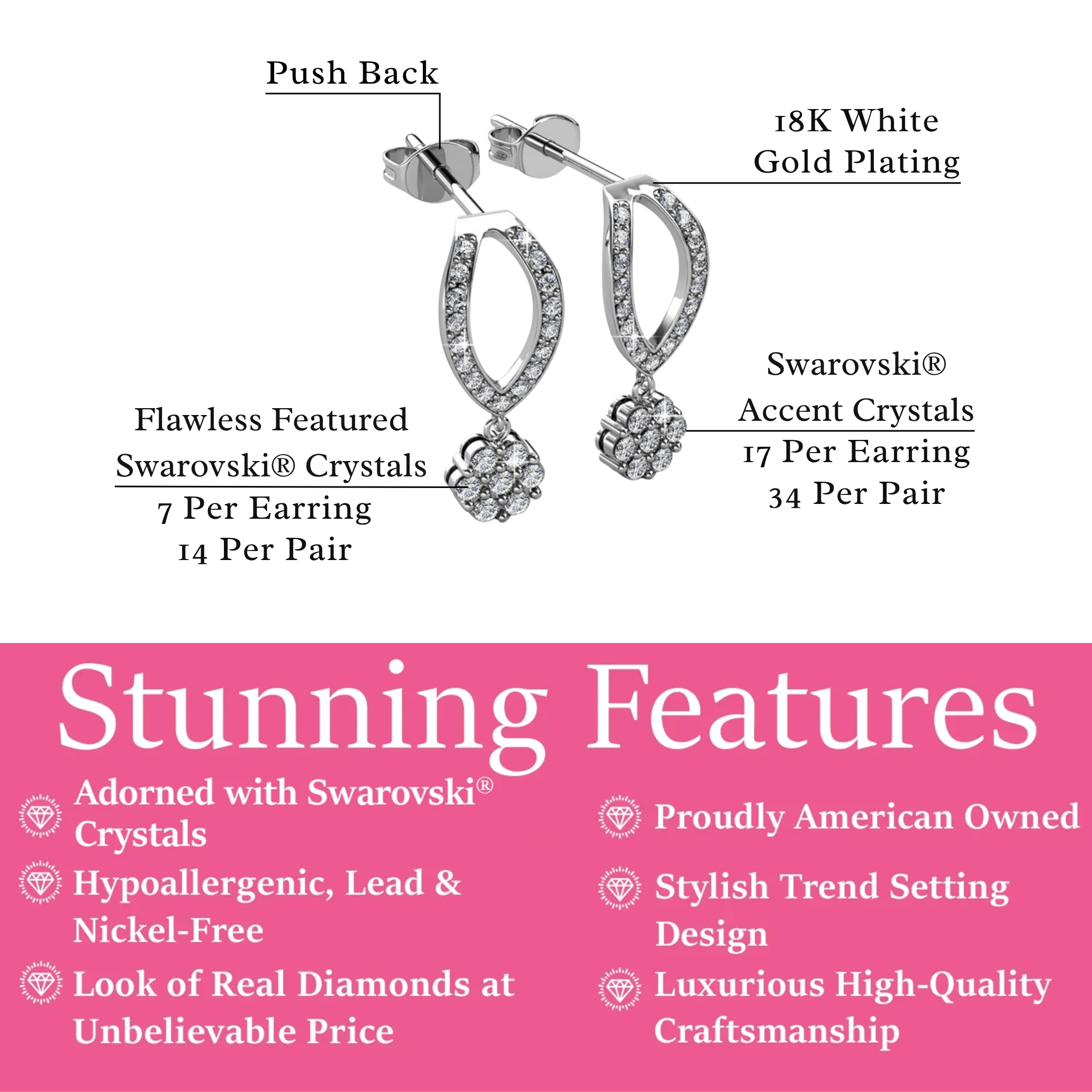 Megan 18k White Gold Plated Diamond Dangle Stud Earrings with Swarovski Crystals