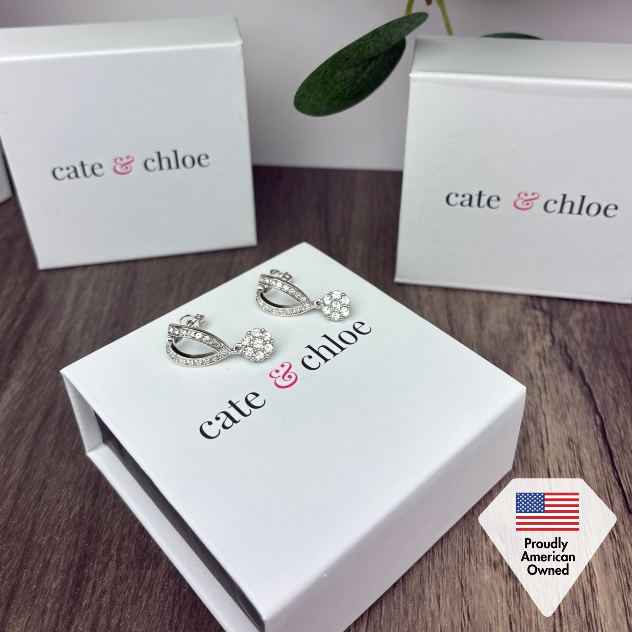 Megan 18k White Gold Plated Diamond Dangle Stud Earrings with Swarovski Crystals