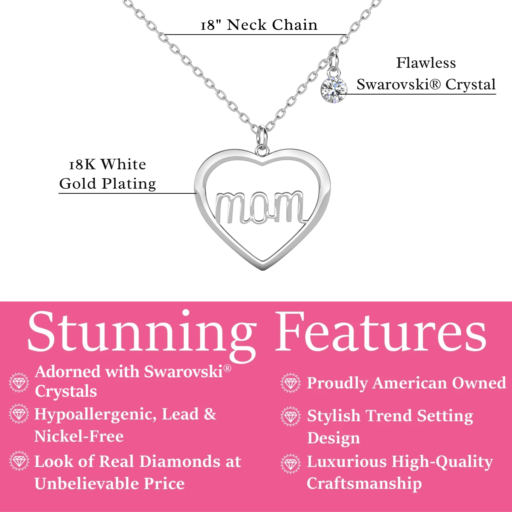 Melody 18k White Gold Plated Necklace with Swarovski Crystals & Heartfelt Message for Mom
