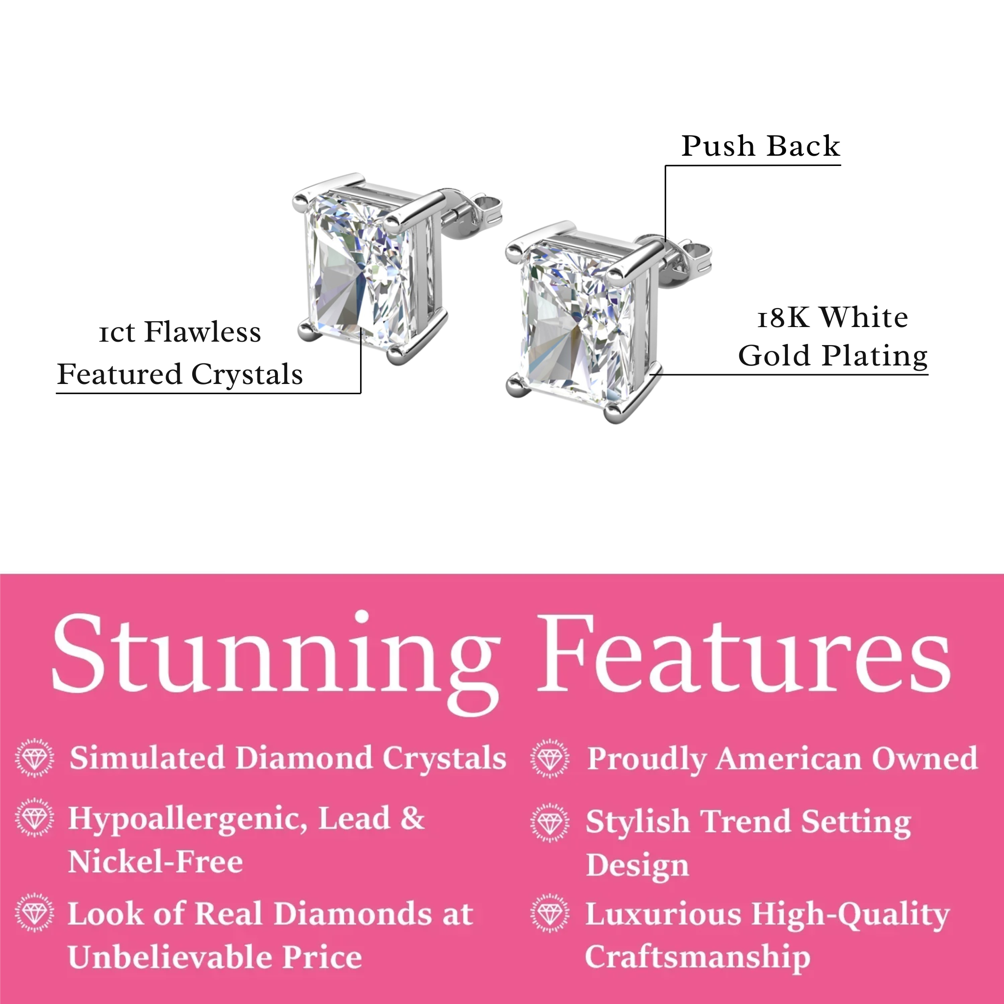 Mia 18k White Gold Plated Sterling Silver Stud Earrings with Simulated Diamond Crystals