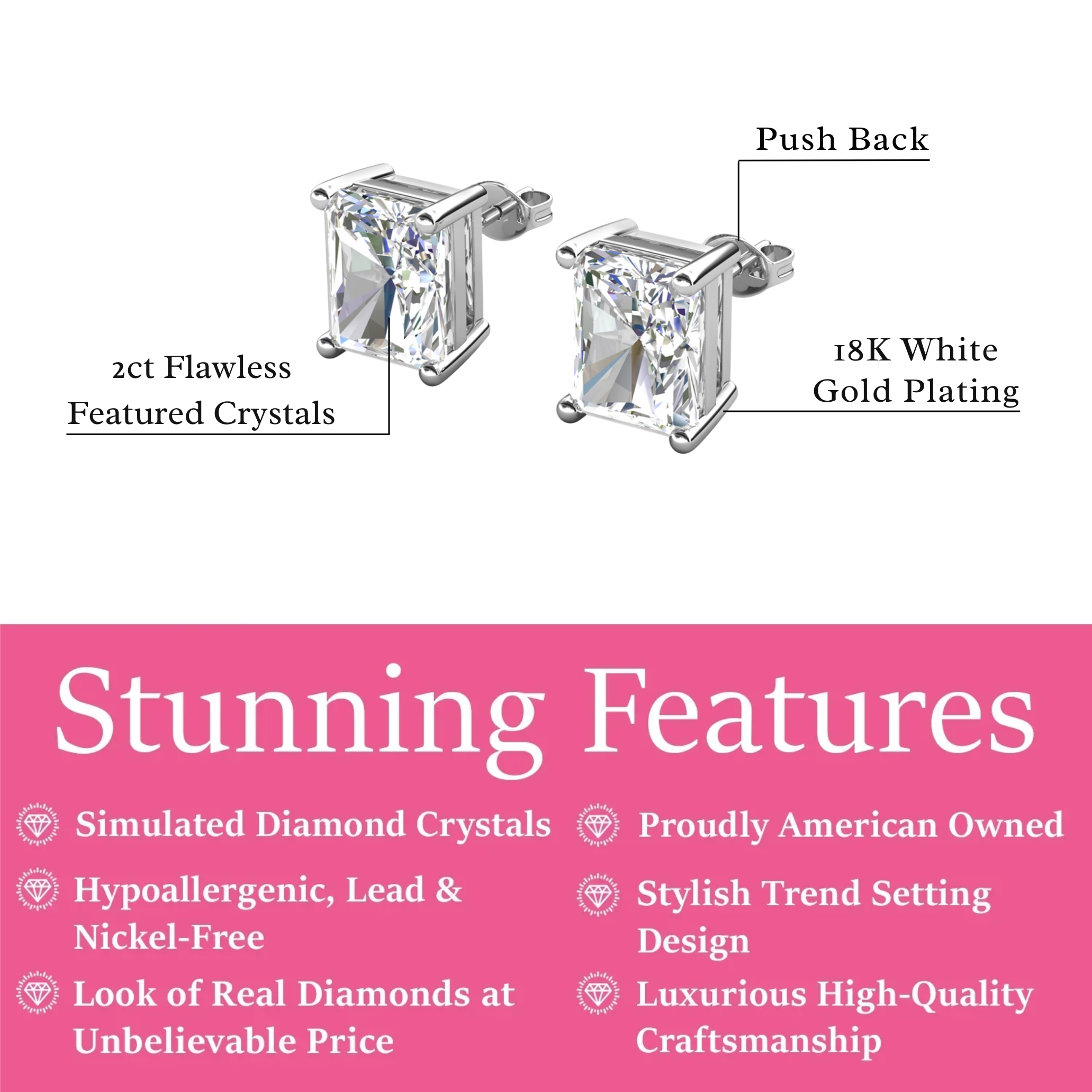 Mia 18k White Gold Plated Sterling Silver Stud Earrings with Simulated Diamond Crystals