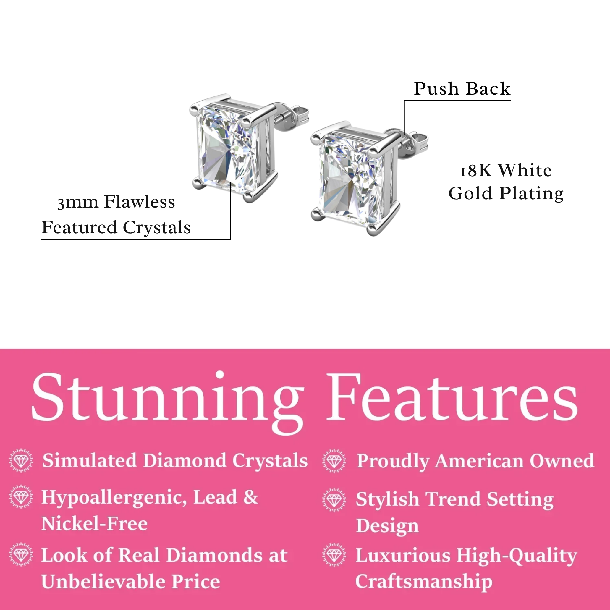 Mia 18k White Gold Plated Sterling Silver Stud Earrings with Simulated Diamond Crystals