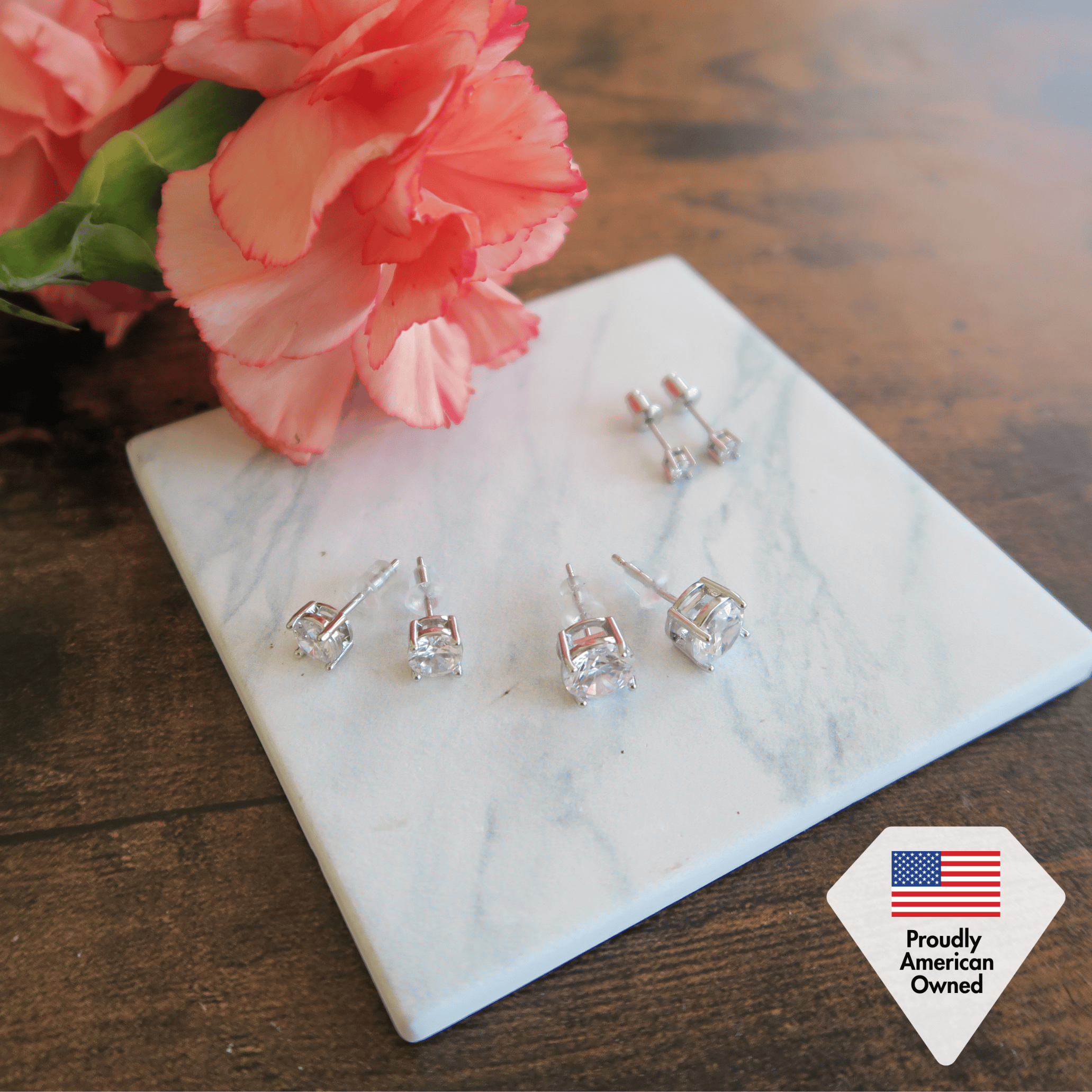 Mia 18k White Gold Plated Sterling Silver Stud Earrings with Simulated Diamond Crystals