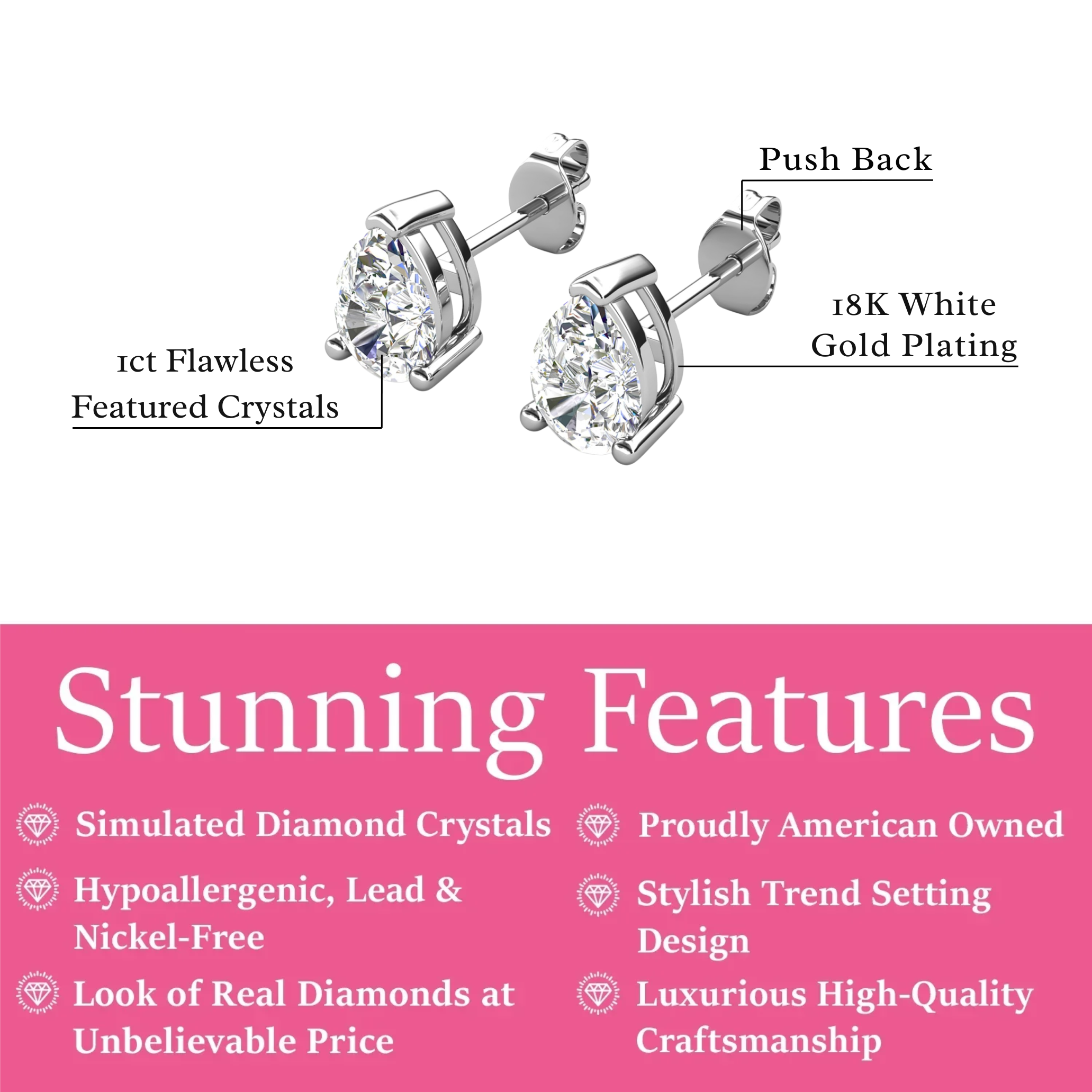 Mia 18k White Gold Plated Sterling Silver Stud Earrings with Simulated Diamond Crystals
