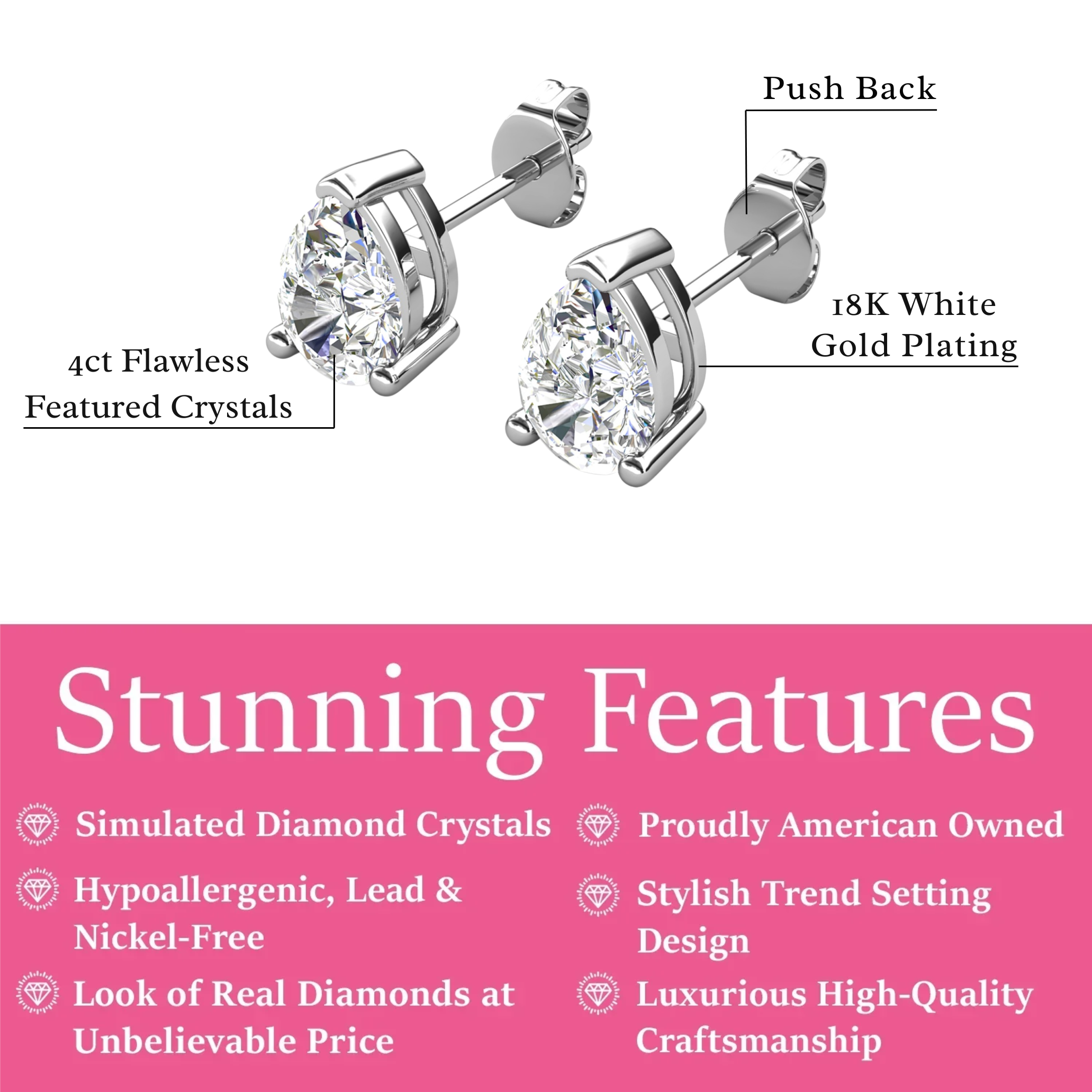 Mia 18k White Gold Plated Sterling Silver Stud Earrings with Simulated Diamond Crystals