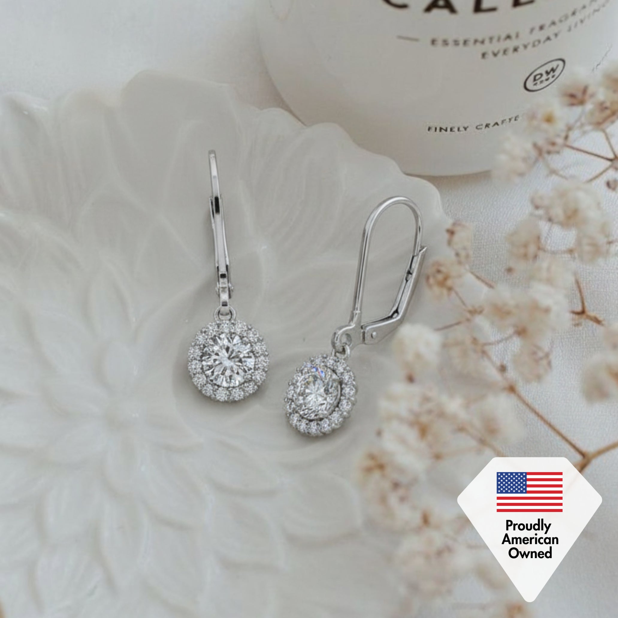 Michelle 18k White Gold Plated Halo Drop Earrings with Simulated Diamond Crystals