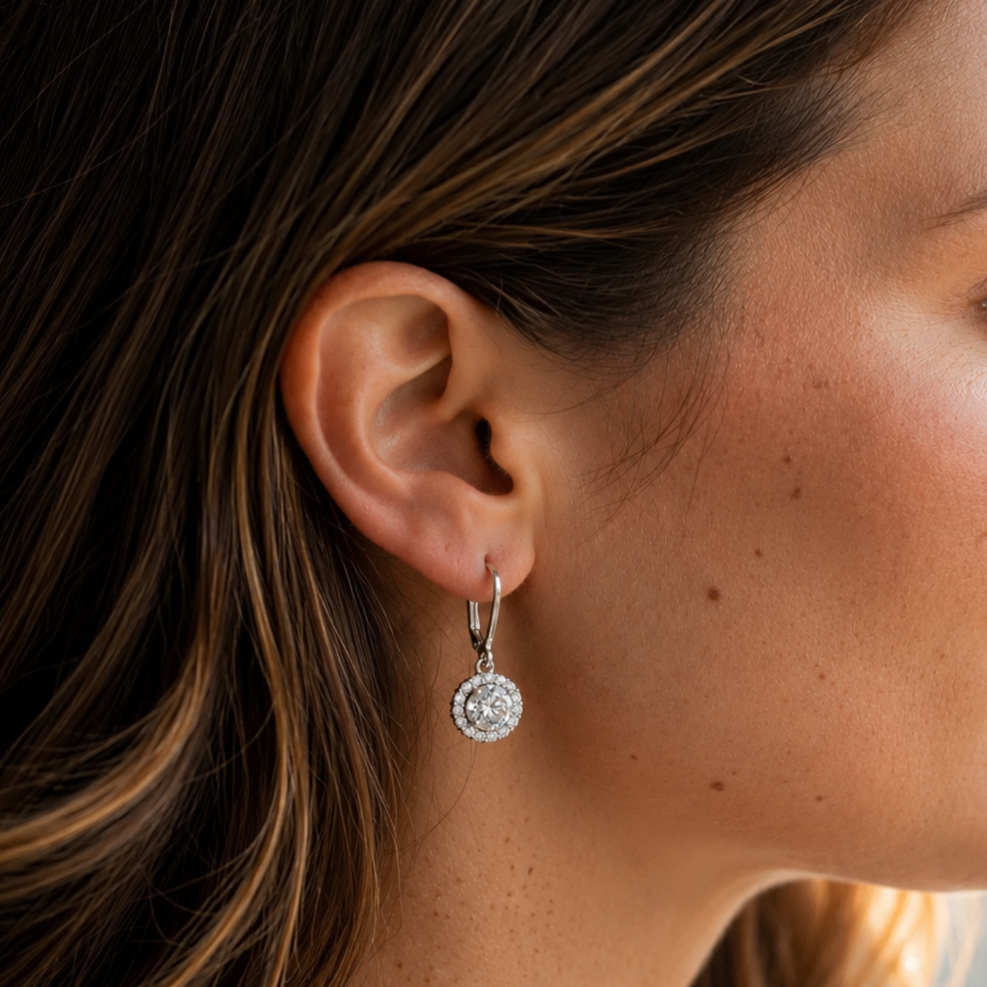 Michelle 18k White Gold Plated Halo Drop Earrings with Simulated Diamond Crystals - FAB FAV