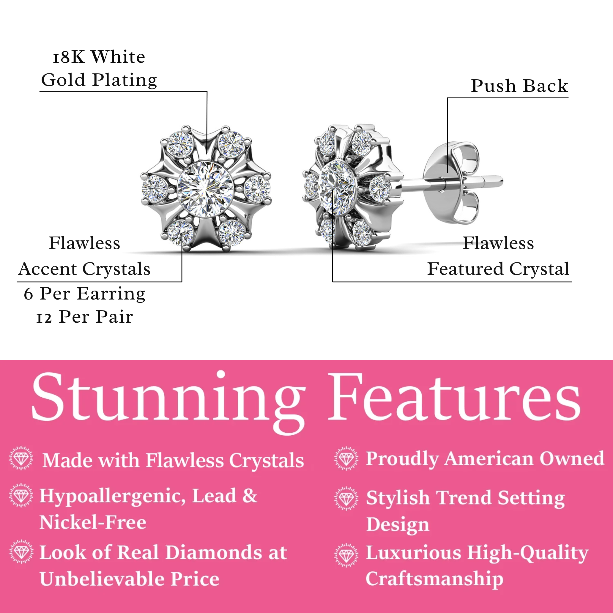 Millie 18k 白金镀金耳钉镶有仿真钻石晶体