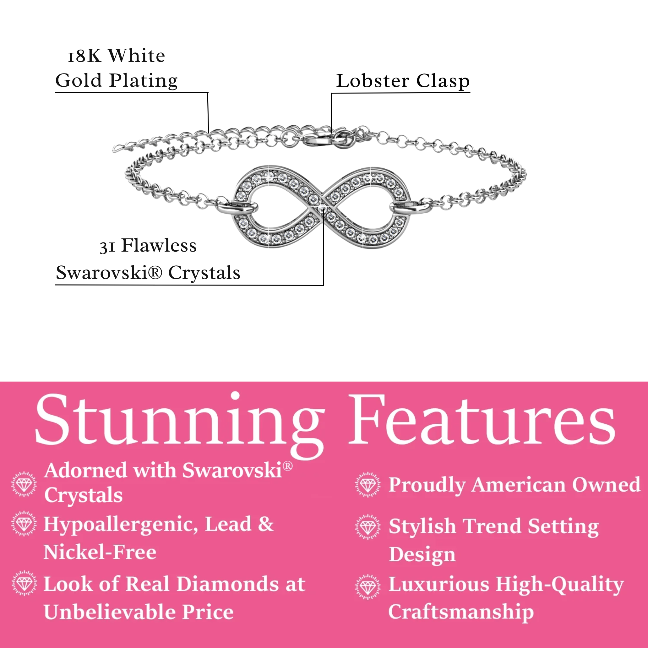 Morgan 18k White Gold Plated Infinity Bracelet with Swarovski Crystals