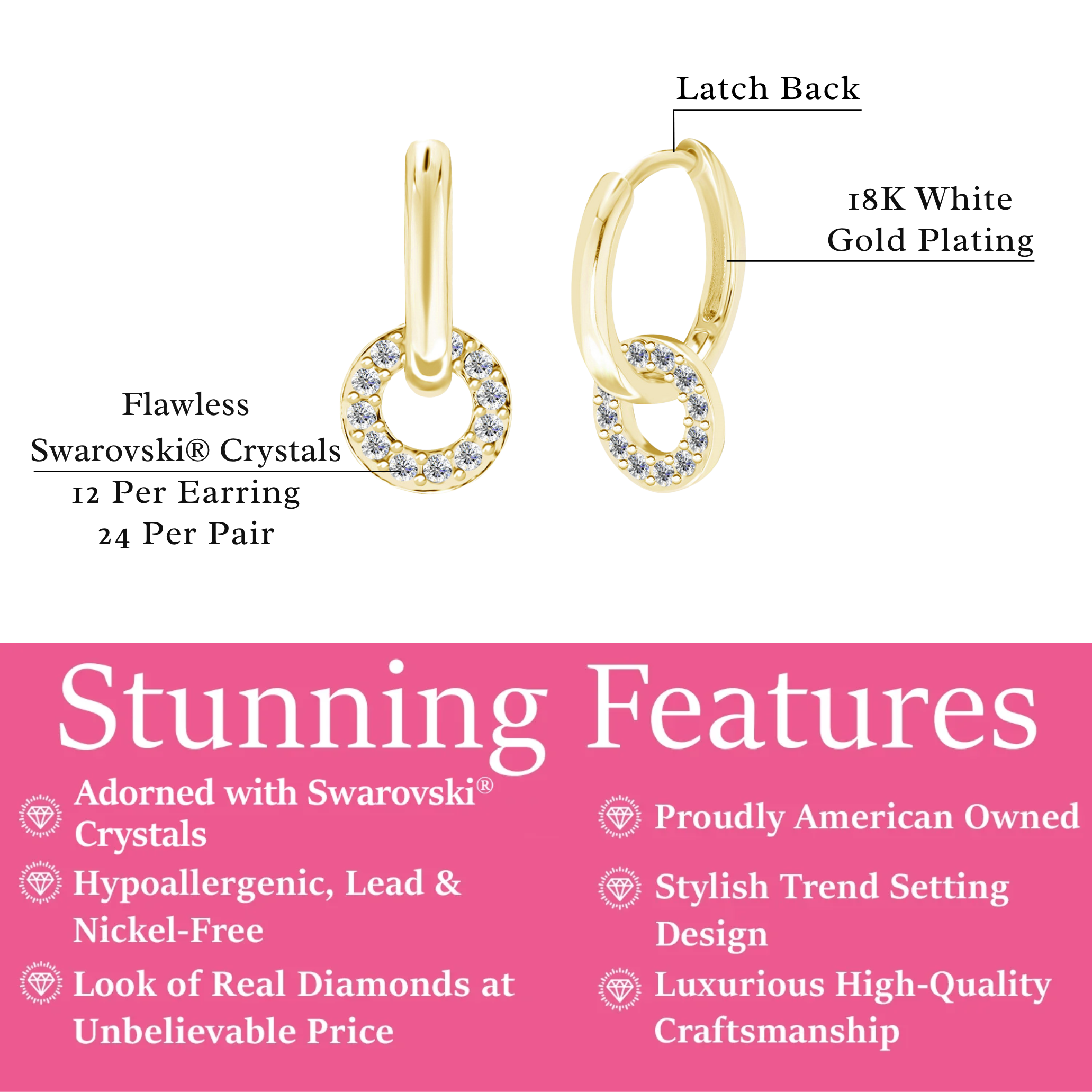 Nala 18k White Gold Plated 14mm Hoop Earrings with Swarovski Crystals