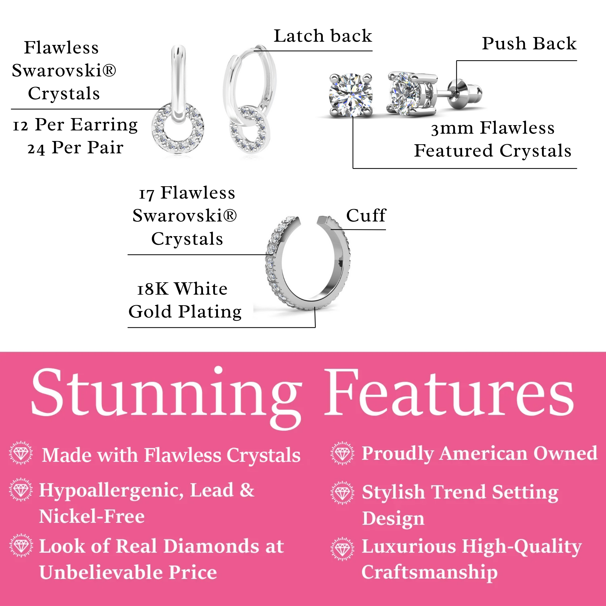 Nala, Mia, Gloria 18k White Gold Plated Earring Stacking Set