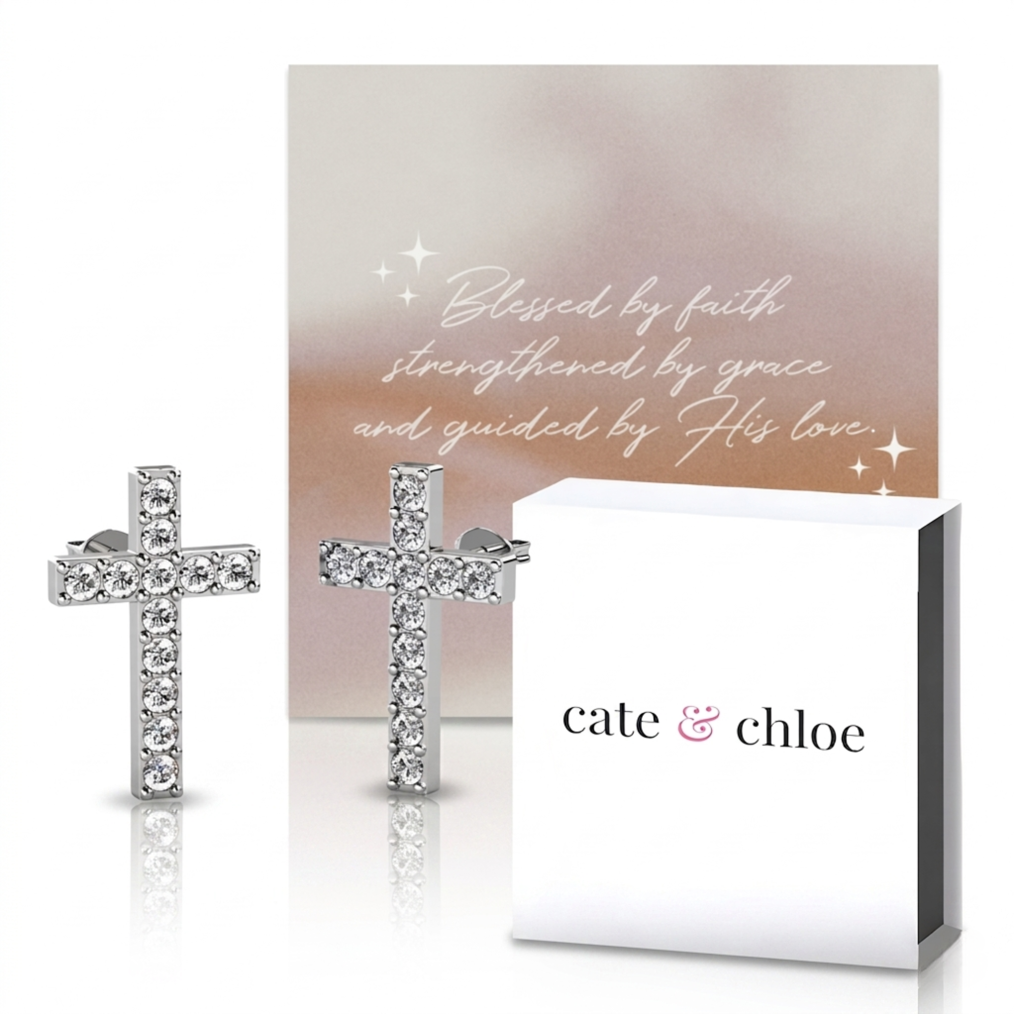 Nayeli 18k White Gold Plated Cross Stud Earrings & Blessed by Faith Tan Sand Card